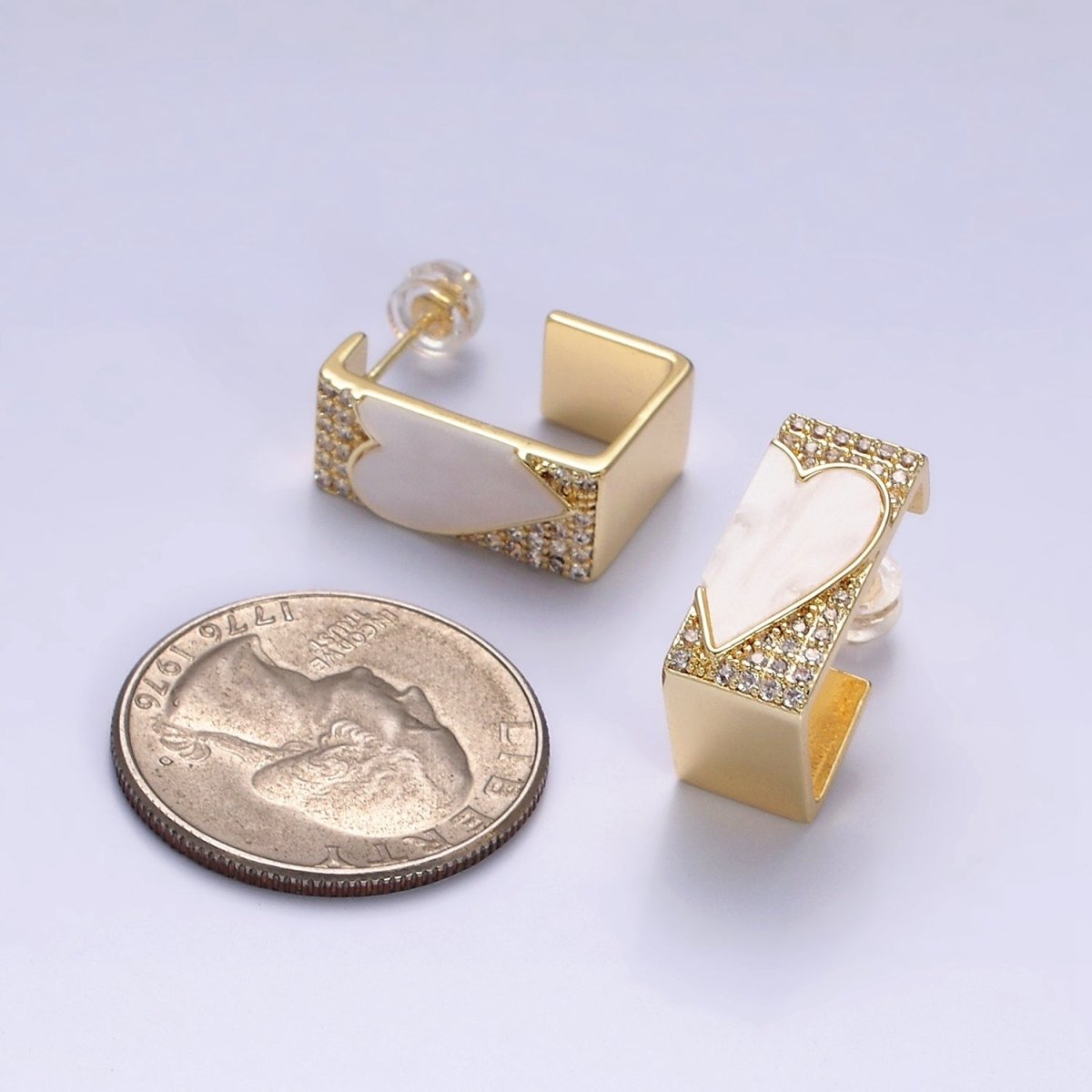 16K Gold Filled Shell Pearl Heart Micro Paved CZ Boxy J-Shaped Hoop Earrings Set in Gold & Silver | AD1351 AD1352 - DLUXCA