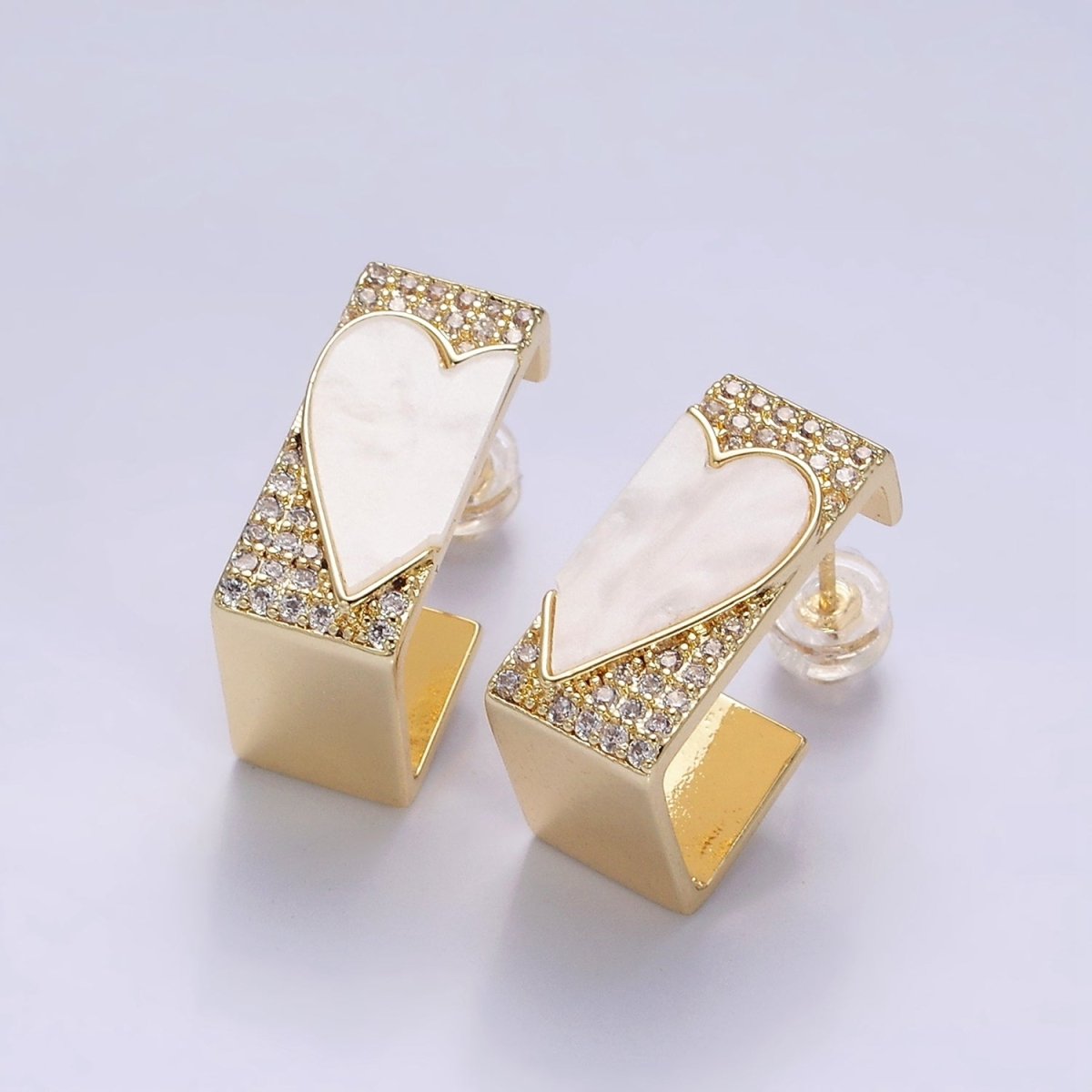 16K Gold Filled Shell Pearl Heart Micro Paved CZ Boxy J-Shaped Hoop Earrings Set in Gold & Silver | AD1351 AD1352 - DLUXCA
