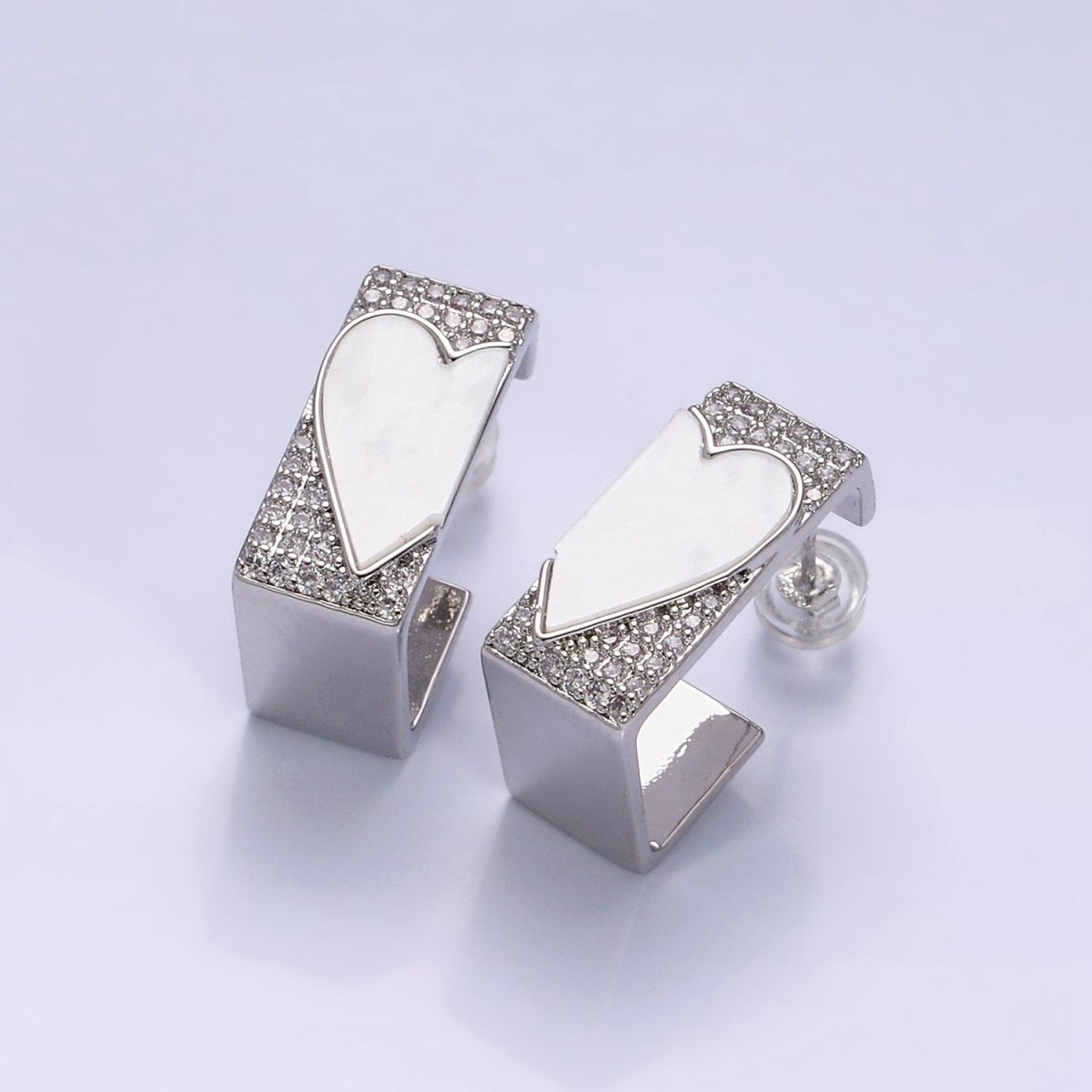 16K Gold Filled Shell Pearl Heart Micro Paved CZ Boxy J-Shaped Hoop Earrings Set in Gold & Silver | AD1351 AD1352 - DLUXCA