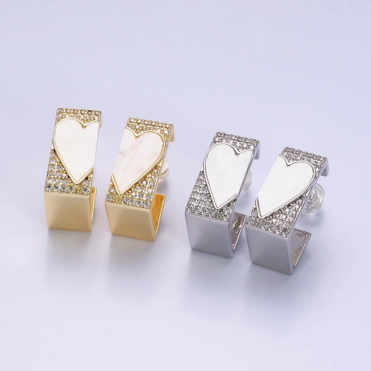 16K Gold Filled Shell Pearl Heart Micro Paved CZ Boxy J-Shaped Hoop Earrings Set in Gold & Silver | AD1351 AD1352 - DLUXCA