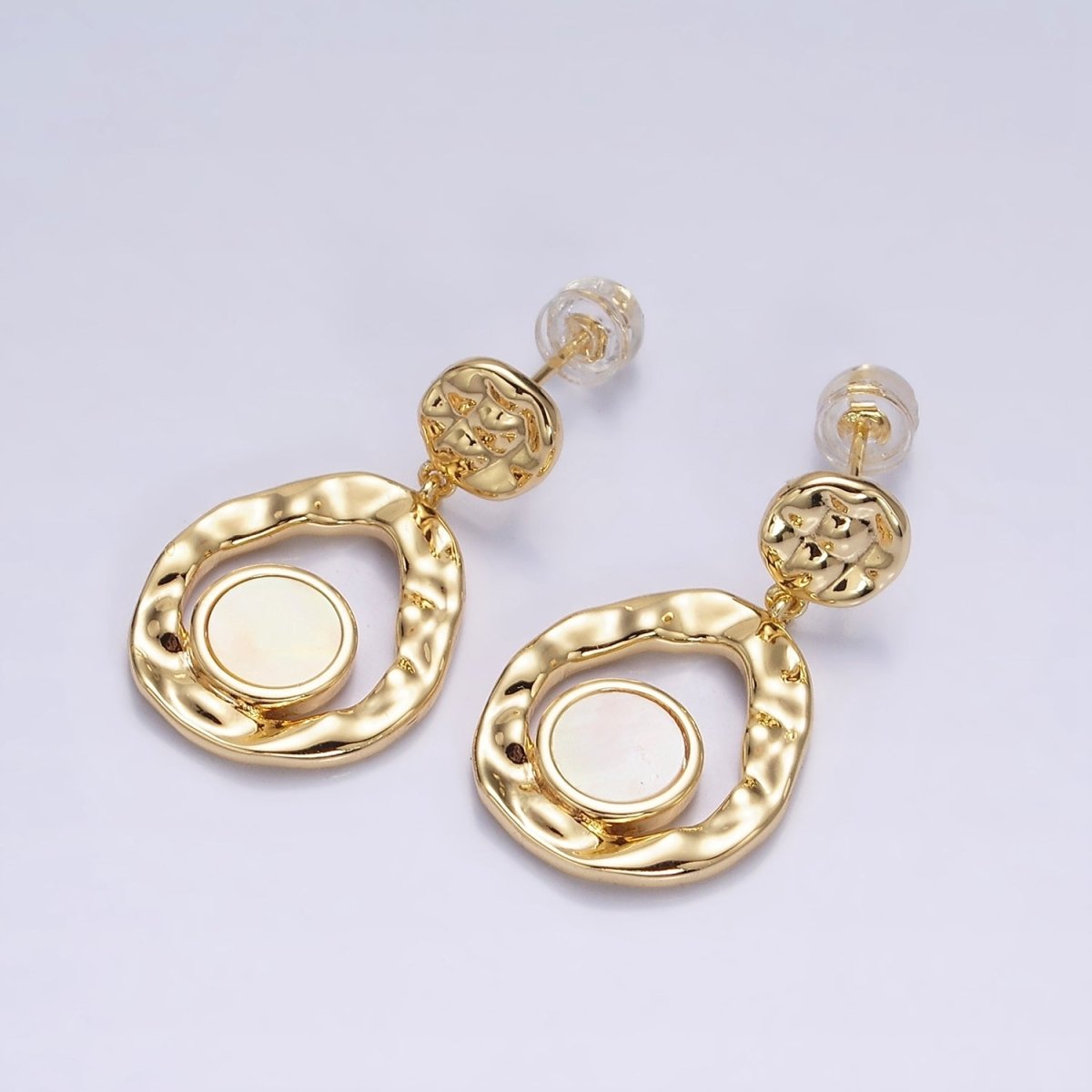 16K Gold Filled Shell Pearl Open Round Double Hammered Drop Stud Earrings in Gold & Silver | Y-811 Y-812 - DLUXCA