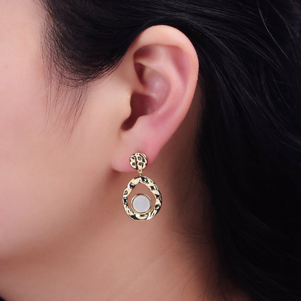 16K Gold Filled Shell Pearl Open Round Double Hammered Drop Stud Earrings in Gold & Silver | Y-811 Y-812 - DLUXCA