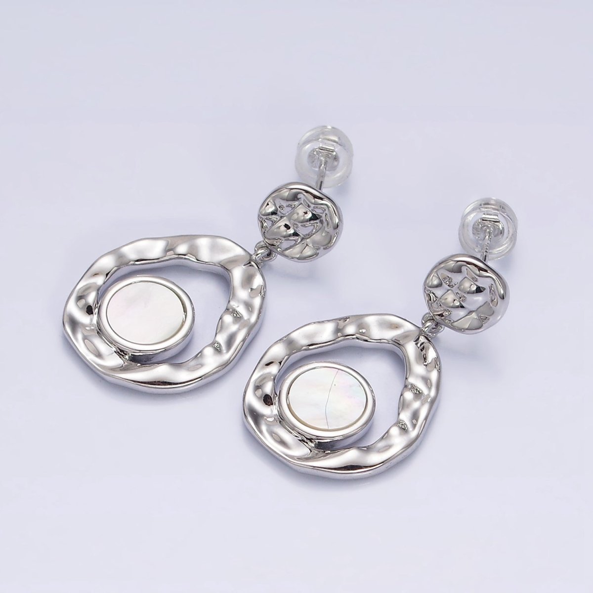 16K Gold Filled Shell Pearl Open Round Double Hammered Drop Stud Earrings in Gold & Silver | Y-811 Y-812 - DLUXCA