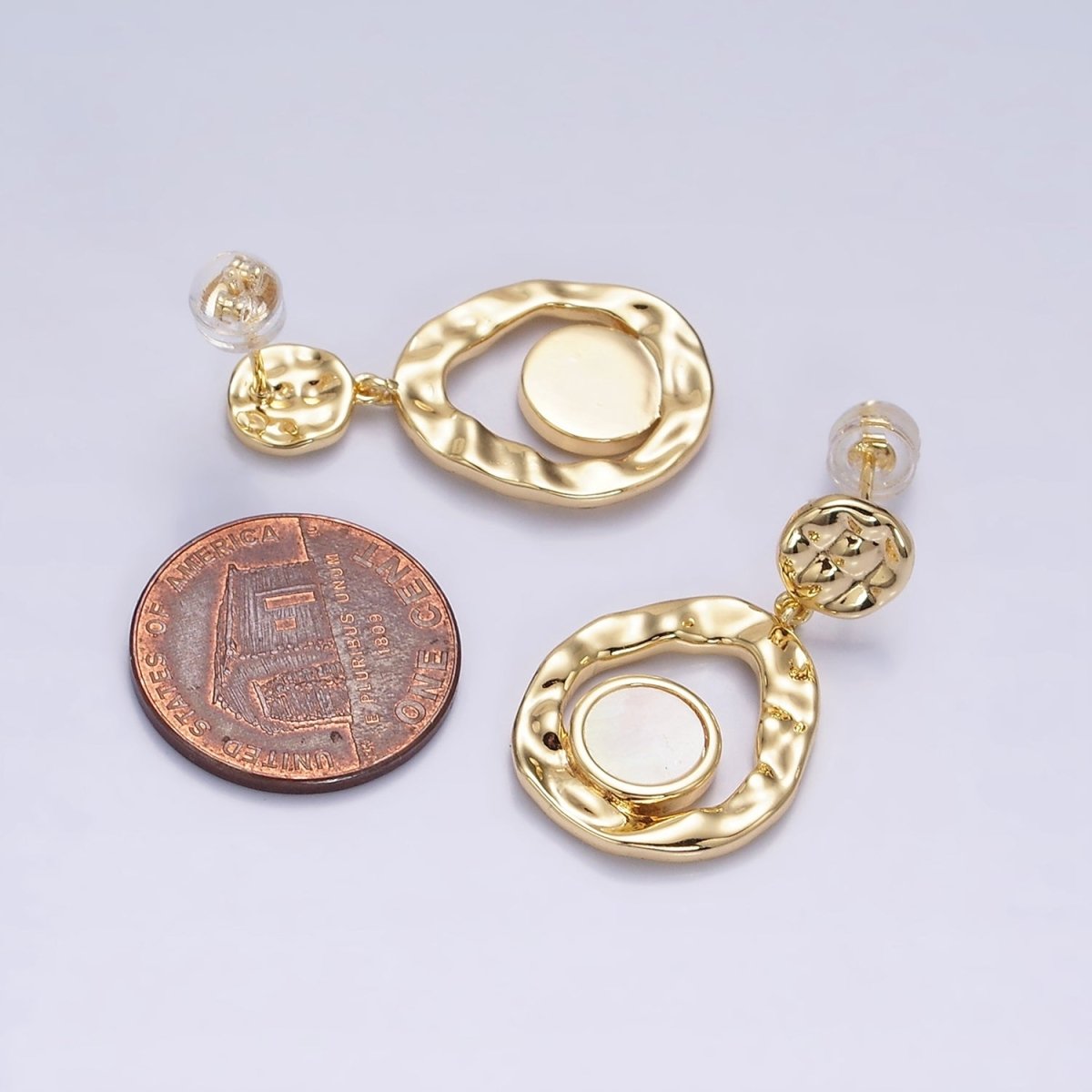 16K Gold Filled Shell Pearl Open Round Double Hammered Drop Stud Earrings in Gold & Silver | Y-811 Y-812 - DLUXCA