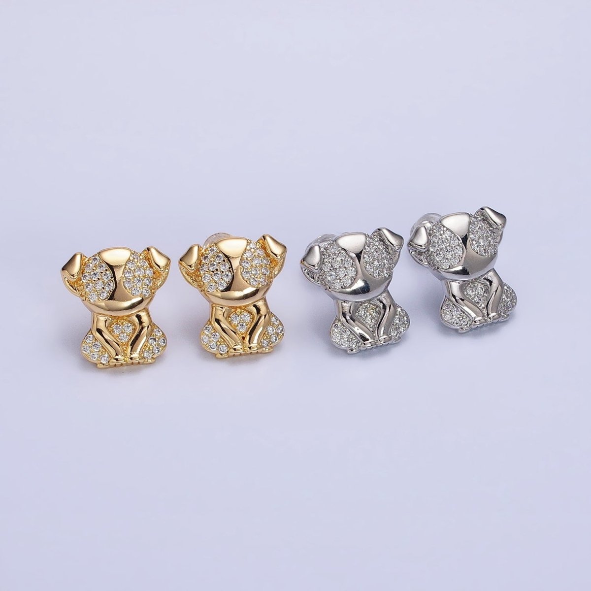16K Gold Filled Sitting Puppy Dog Micro Paved CZ Stud Earrings in Gold & Silver | AB631 AB632 - DLUXCA