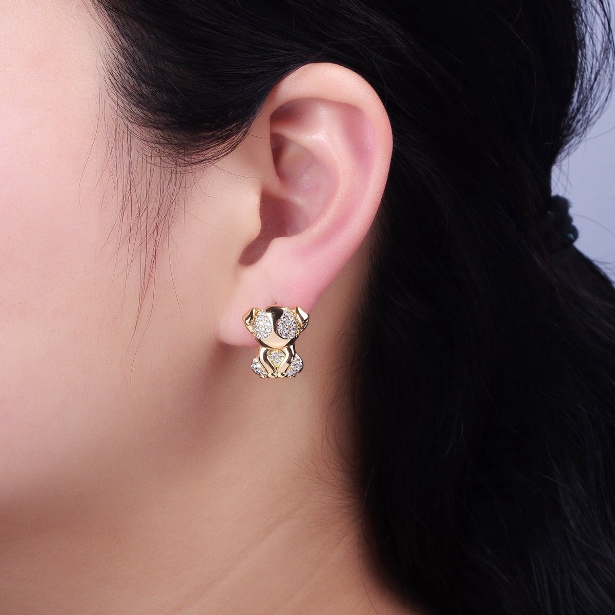 16K Gold Filled Sitting Puppy Dog Micro Paved CZ Stud Earrings in Gold & Silver | AB631 AB632 - DLUXCA