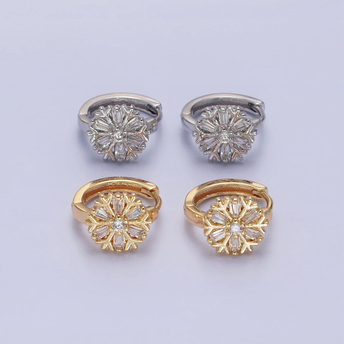 16K Gold Filled Snowflake Baguette CZ Huggie Earrings in Gold & Silver | AB1457 ABB1458 - DLUXCA