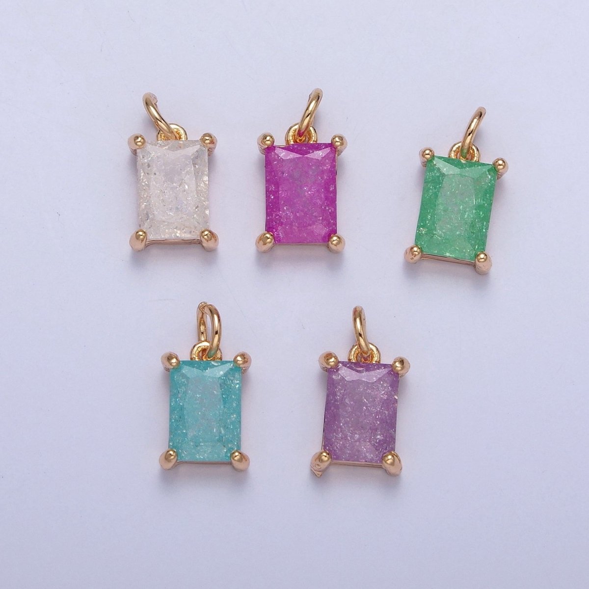 16K Gold Filled Sparkly Pastel Emerald Cut Cubic Zirconia Charm Jewelry Making Component Rectangle Square Add on Charm | X-268-X-272 - DLUXCA