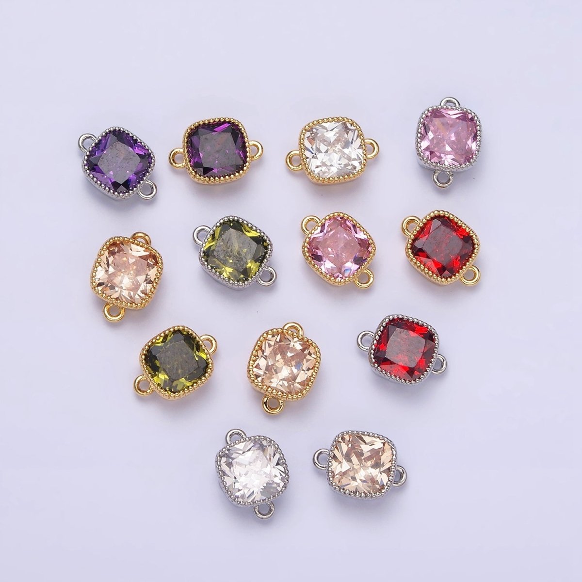16K Gold Filled Square Clear, Pink, Red, Purple, Green, Peach CZ Connector in God & Silver | AA1043 - AA1054 - DLUXCA