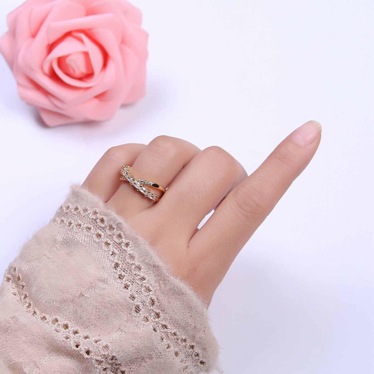 16K Gold Filled Stacking Double Band Unique Clear Crystal Zirconia CZ Adjustable Ring U-304 - DLUXCA