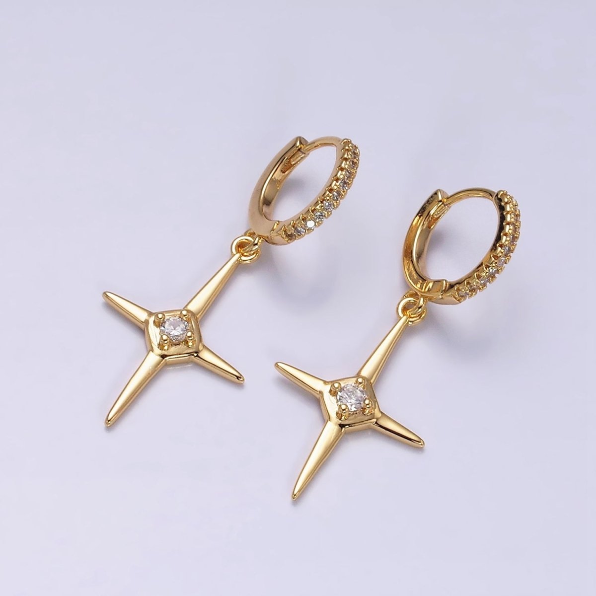 16K Gold Filled Star Celestial Drop Clear CZ Micro Paved Huggie Earrings in Gold & Silver | AD1062 AD1063 - DLUXCA