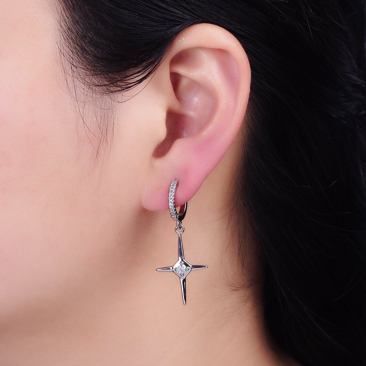 16K Gold Filled Star Celestial Drop Clear CZ Micro Paved Huggie Earrings in Gold & Silver | AD1062 AD1063 - DLUXCA