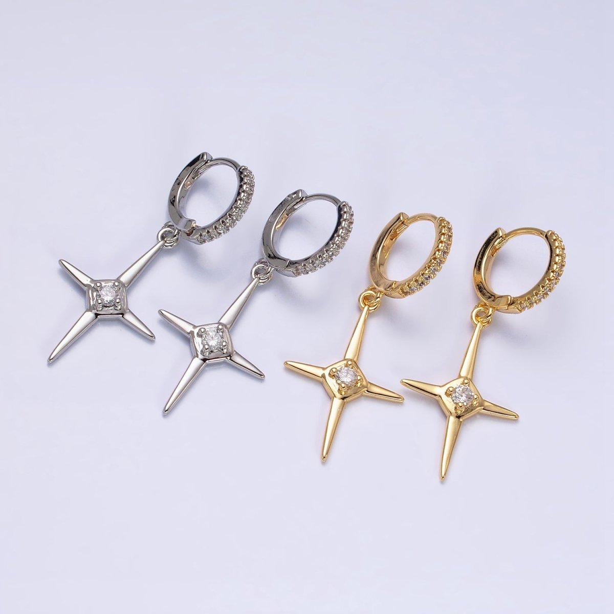 16K Gold Filled Star Celestial Drop Clear CZ Micro Paved Huggie Earrings in Gold & Silver | AD1062 AD1063 - DLUXCA