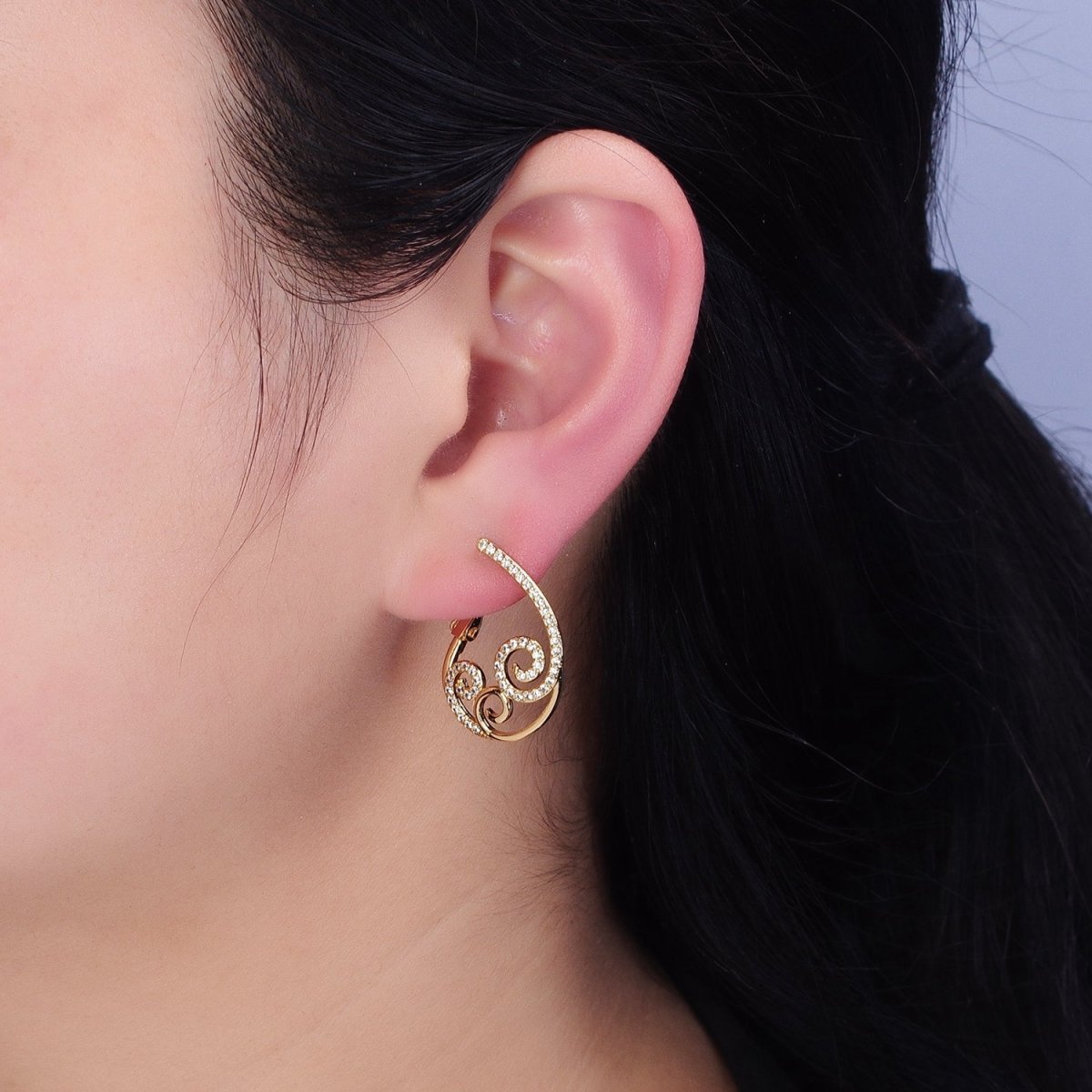 16K Gold Filled Swirl Micro Paved CZ Front-Facing Hinge Earring in Gold & Silver | AD1147 AD1148 - DLUXCA