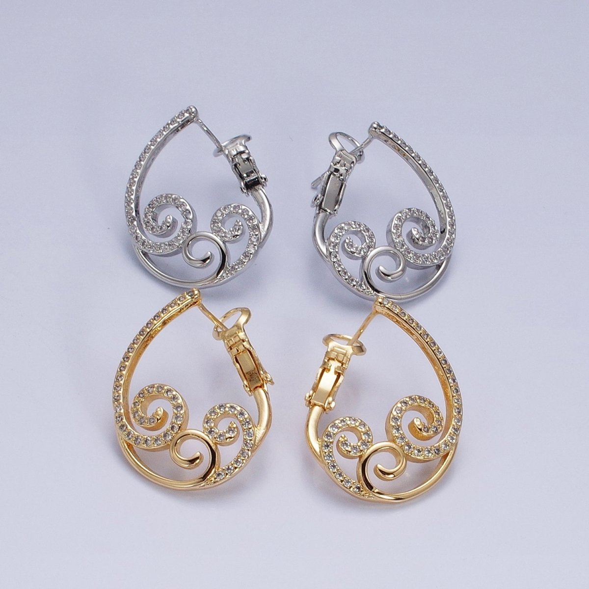 16K Gold Filled Swirl Micro Paved CZ Front-Facing Hinge Earring in Gold & Silver | AD1147 AD1148 - DLUXCA