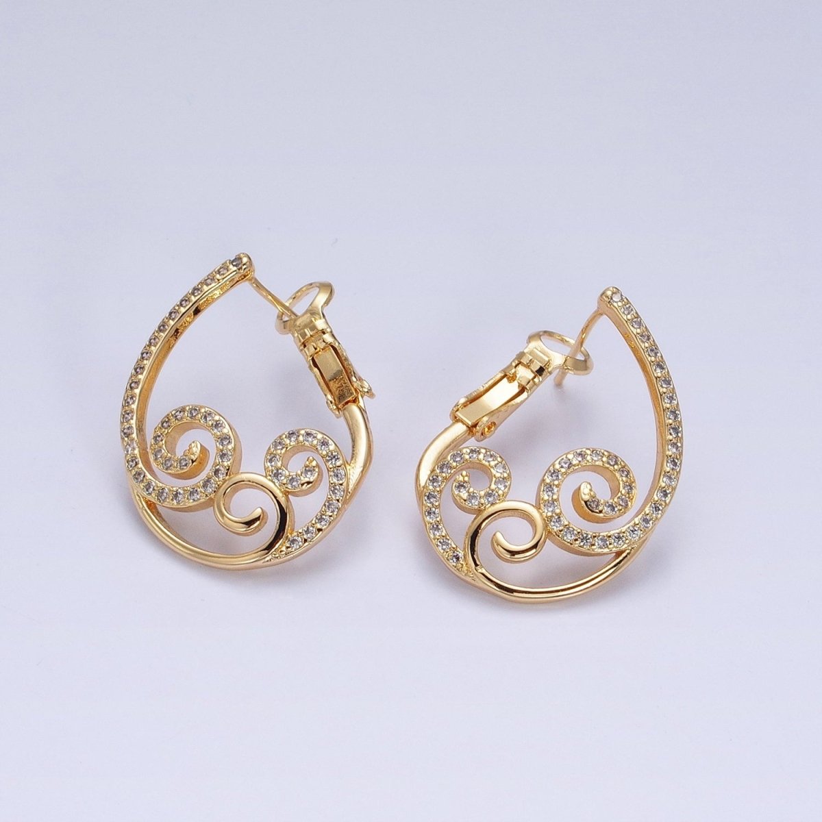 16K Gold Filled Swirl Micro Paved CZ Front-Facing Hinge Earring in Gold & Silver | AD1147 AD1148 - DLUXCA