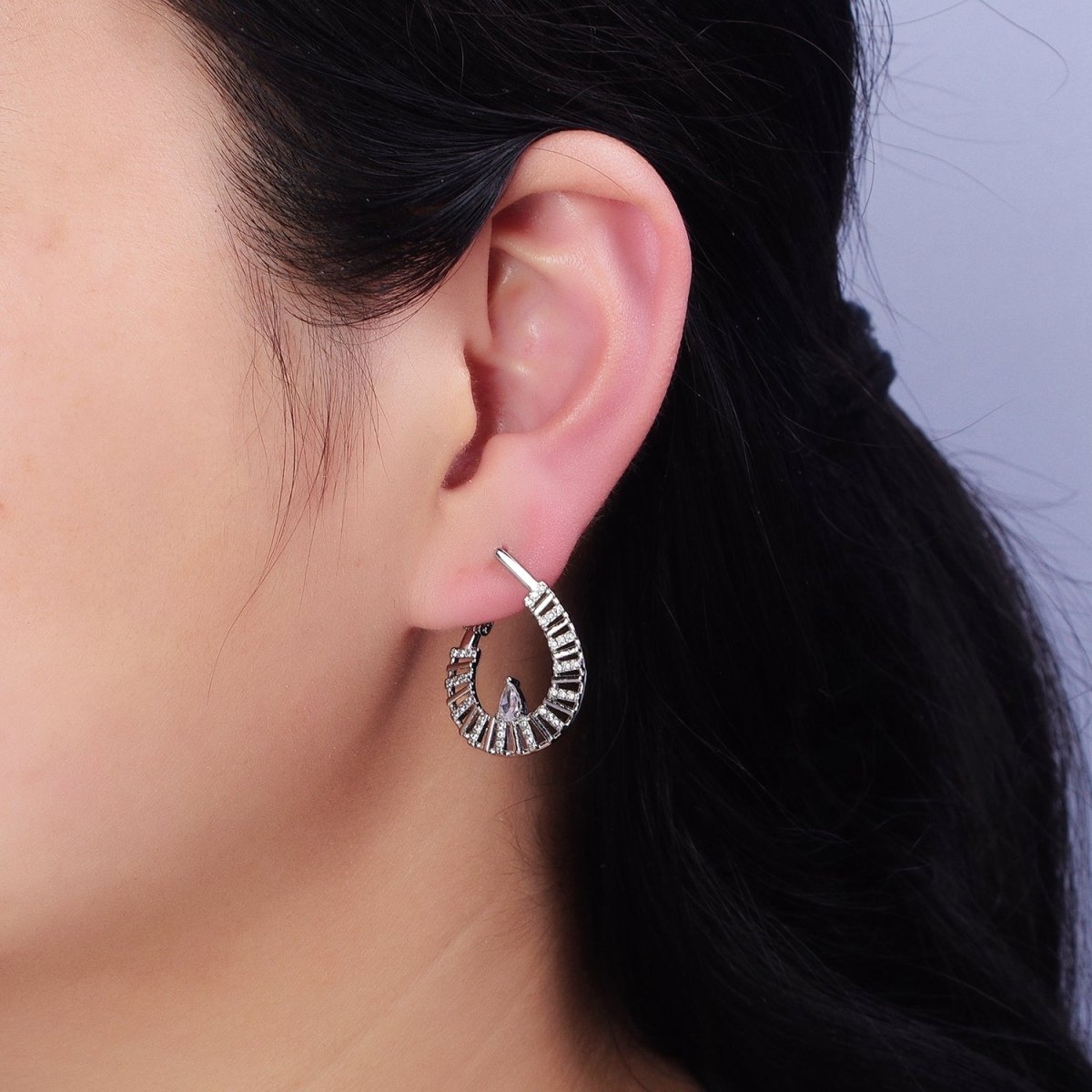 16K Gold Filled Teardrop Flat Thin Bar Micro Paved CZ Front-Facing Hinge Hoop Earrings in Gold & Silver | AD911 AD912 - DLUXCA