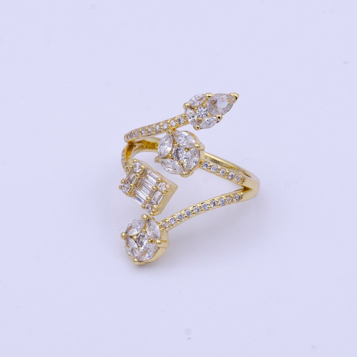 16K Gold Filled Teardrop Round Baguette Clear CZ Multiple Band Open Statement Ring in Gold & Silver | O-1571 O-1572 - DLUXCA