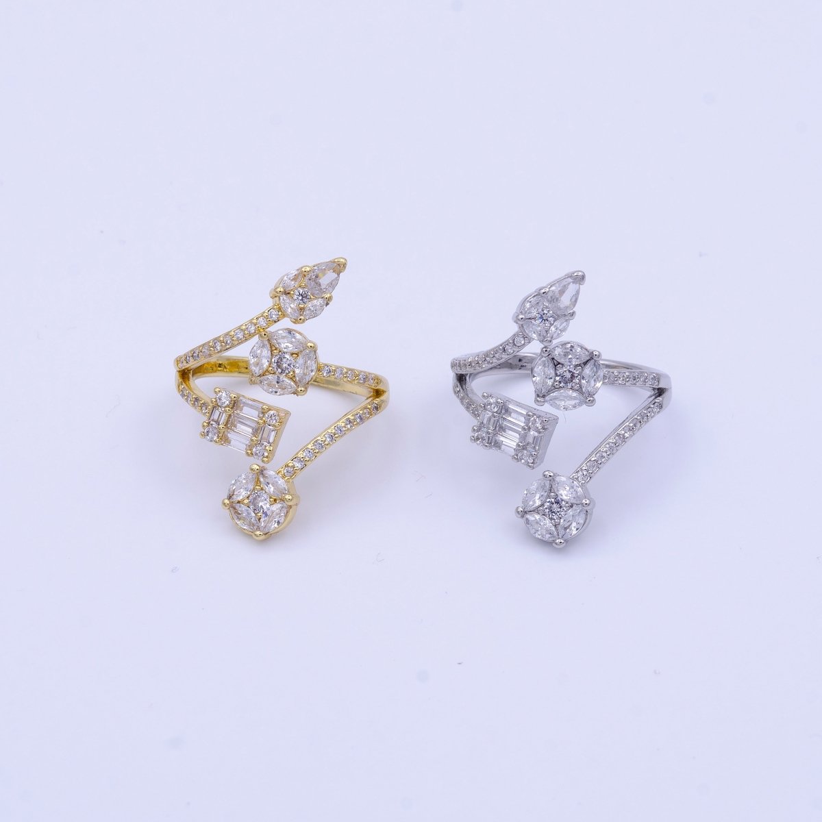 16K Gold Filled Teardrop Round Baguette Clear CZ Multiple Band Open Statement Ring in Gold & Silver | O-1571 O-1572 - DLUXCA