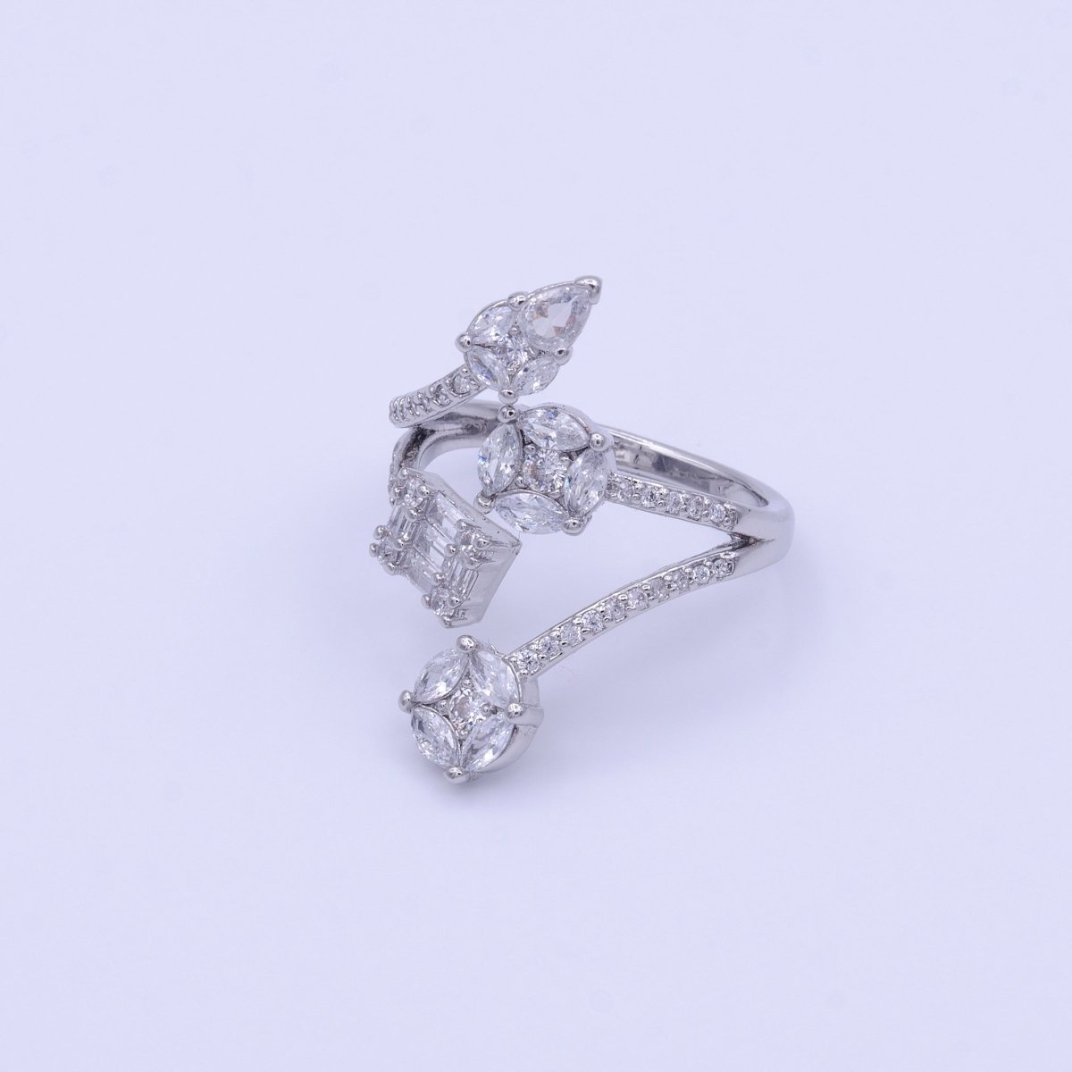 16K Gold Filled Teardrop Round Baguette Clear CZ Multiple Band Open Statement Ring in Gold & Silver | O-1571 O-1572 - DLUXCA