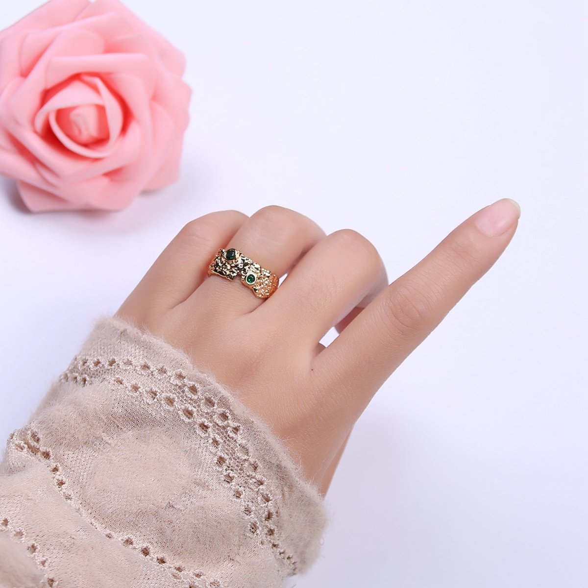 16K Gold Filled Textured Abstract Emerald Green Crystal Zirconia CZ Adjustable Open, Statement Ring U-238 - DLUXCA