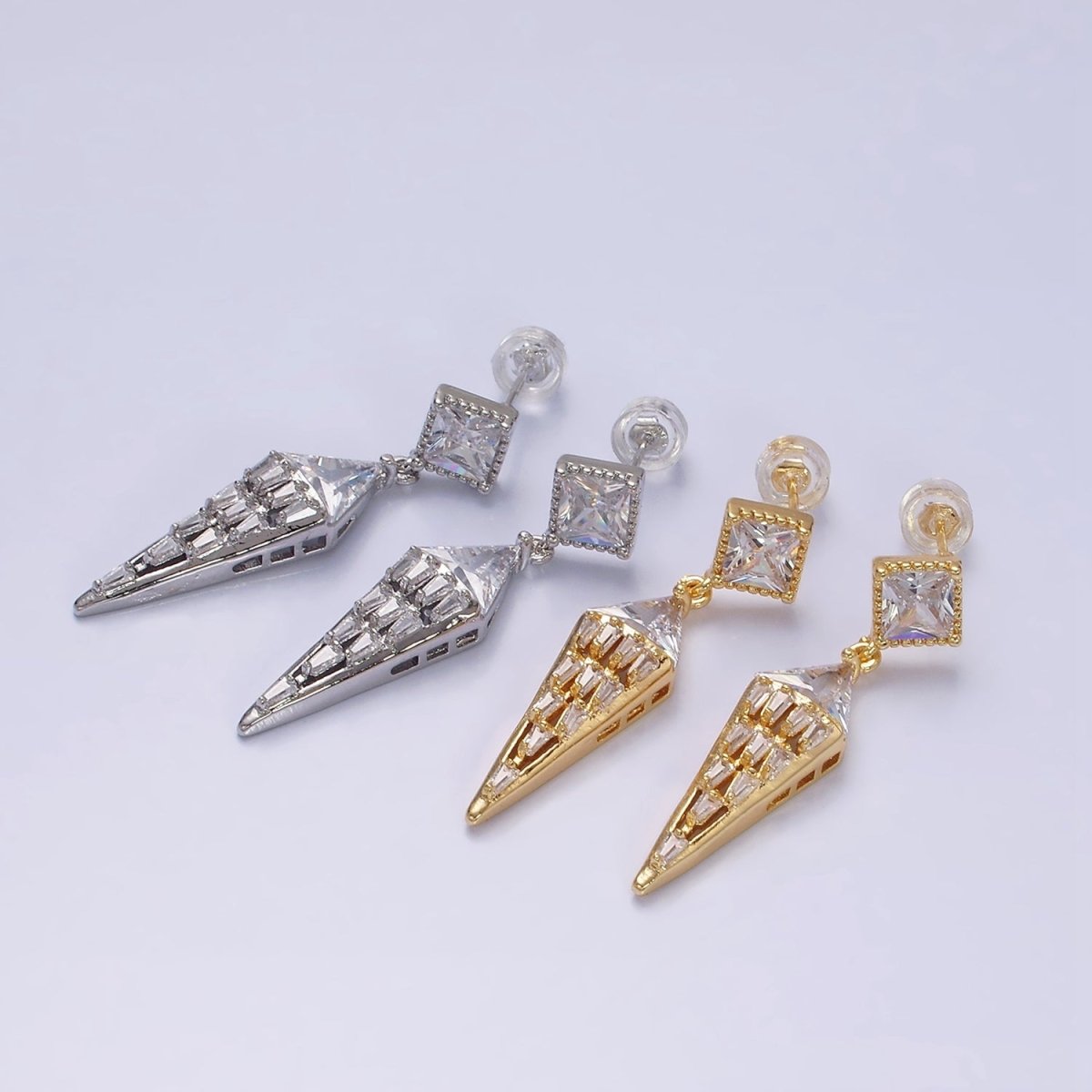 16K Gold Filled Triangle Baguette Arrow Drop Clear Rhombus Stud Earrings in Gold & Silver | AD1070 AD1071 - DLUXCA