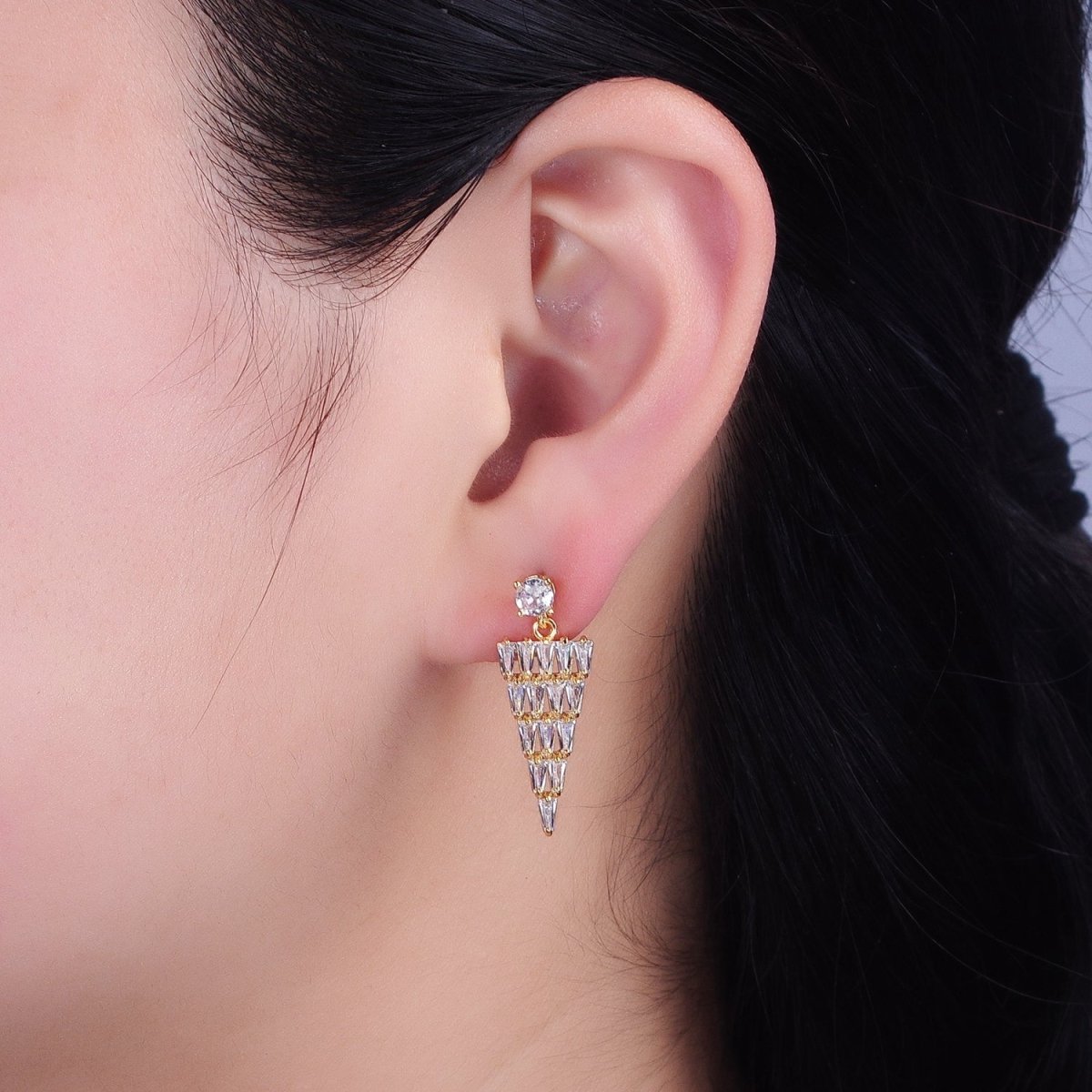 16K Gold Filled Triangle Baguette CZ Drop Stud Earrings in Gold & Silver | AB1476 AB1477 - DLUXCA