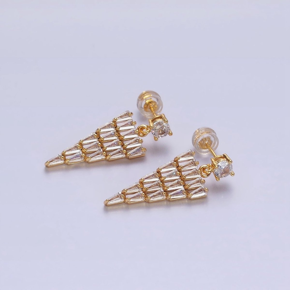 16K Gold Filled Triangle Baguette CZ Drop Stud Earrings in Gold & Silver | AB1476 AB1477 - DLUXCA