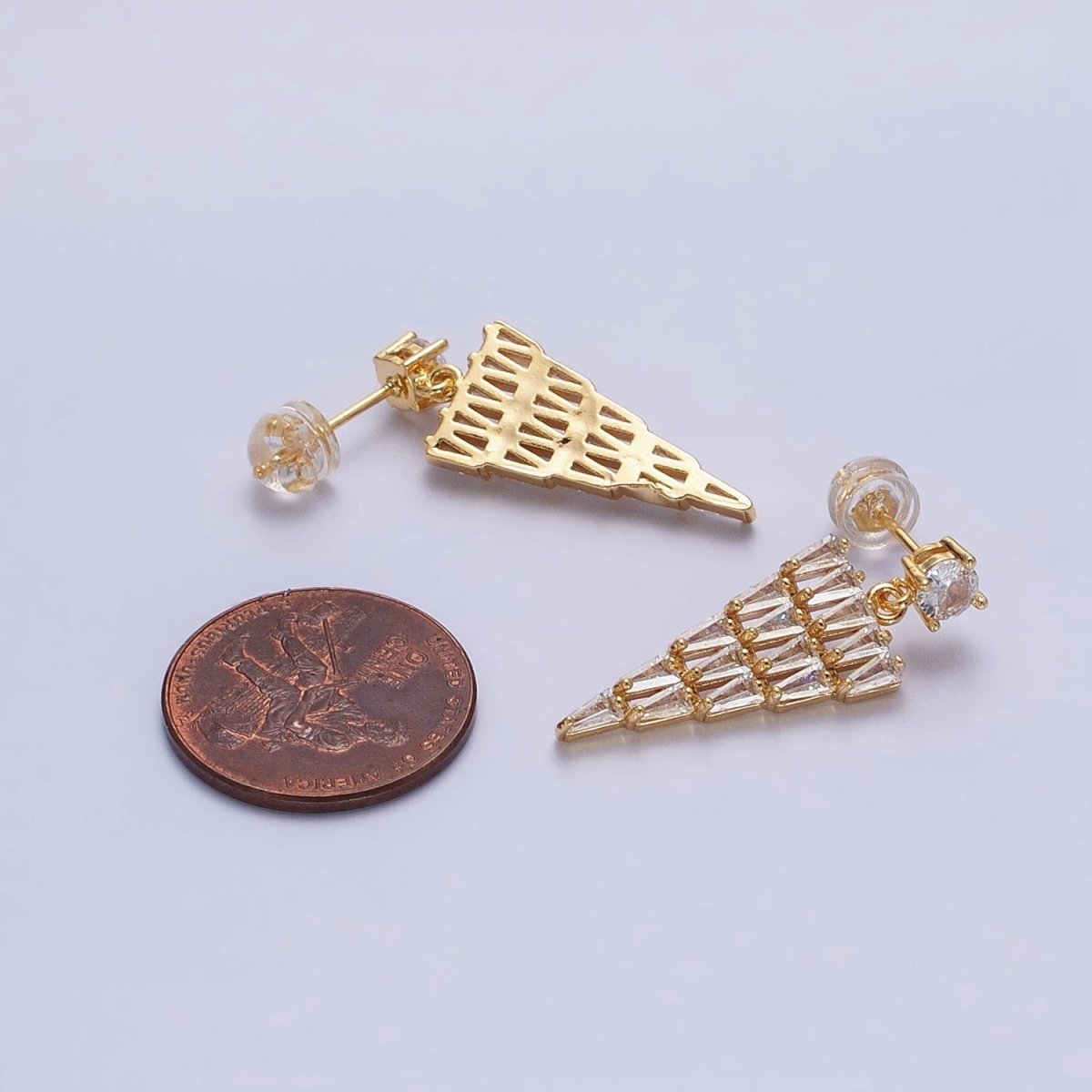 16K Gold Filled Triangle Baguette CZ Drop Stud Earrings in Gold & Silver | AB1476 AB1477 - DLUXCA