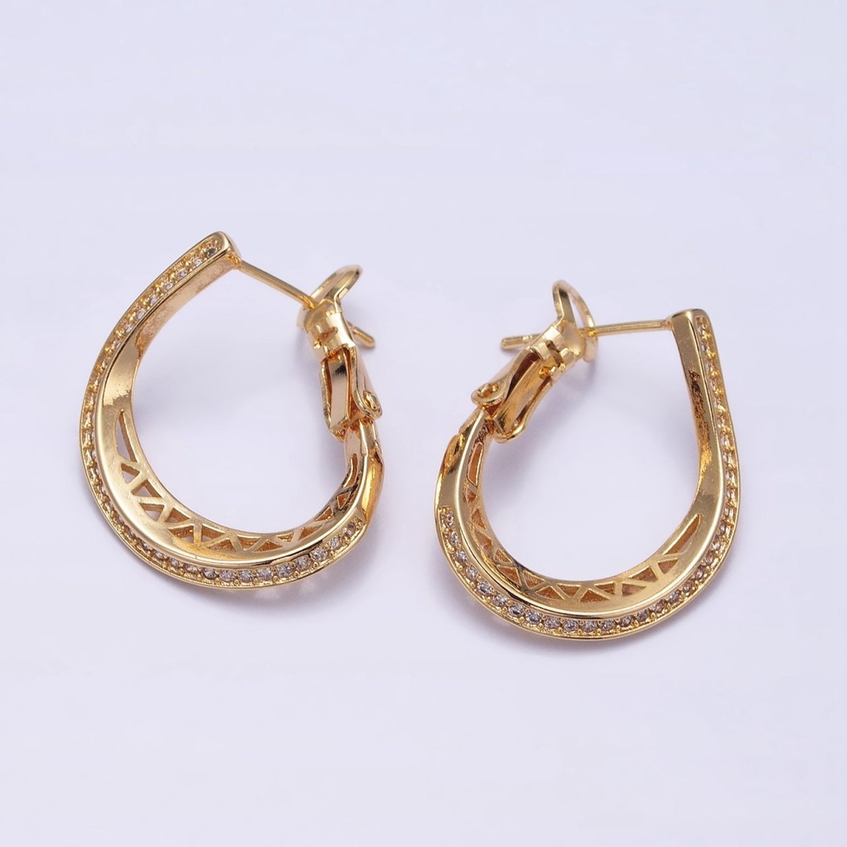 16K Gold Filled Triangle Filigree Micro Paved CZ Front-Facing Hinge Hoop Earrings in Gold & Silver | AD923 AD924 - DLUXCA