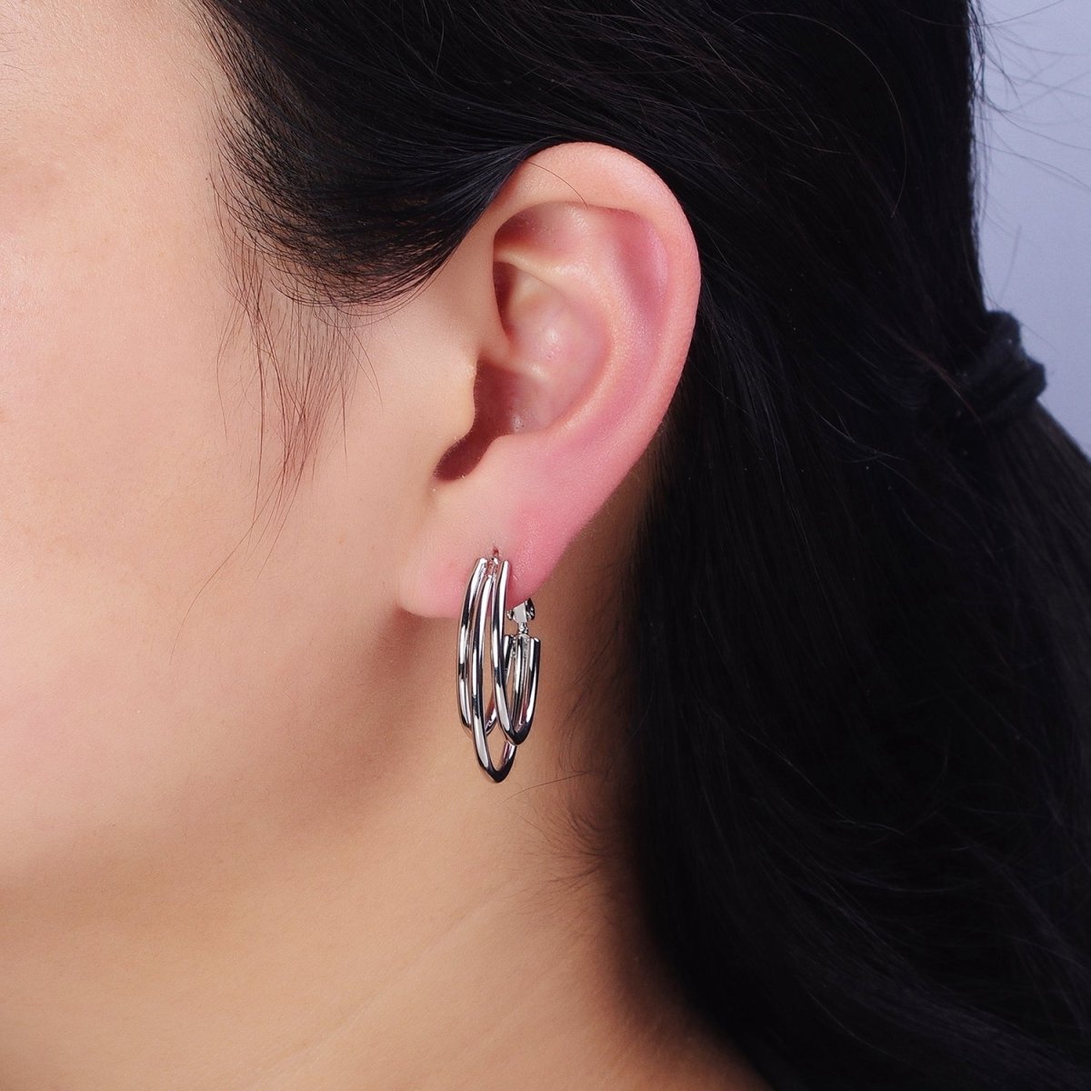 16K Gold Filled Triple Band Oblong Hinge Hoop Earrings in Gold & Silver | AD847 AD848 - DLUXCA