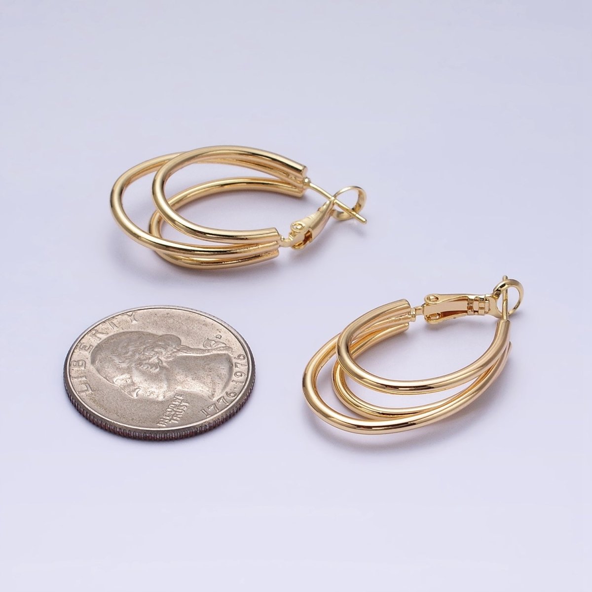 16K Gold Filled Triple Band Oblong Hinge Hoop Earrings in Gold & Silver | AD847 AD848 - DLUXCA