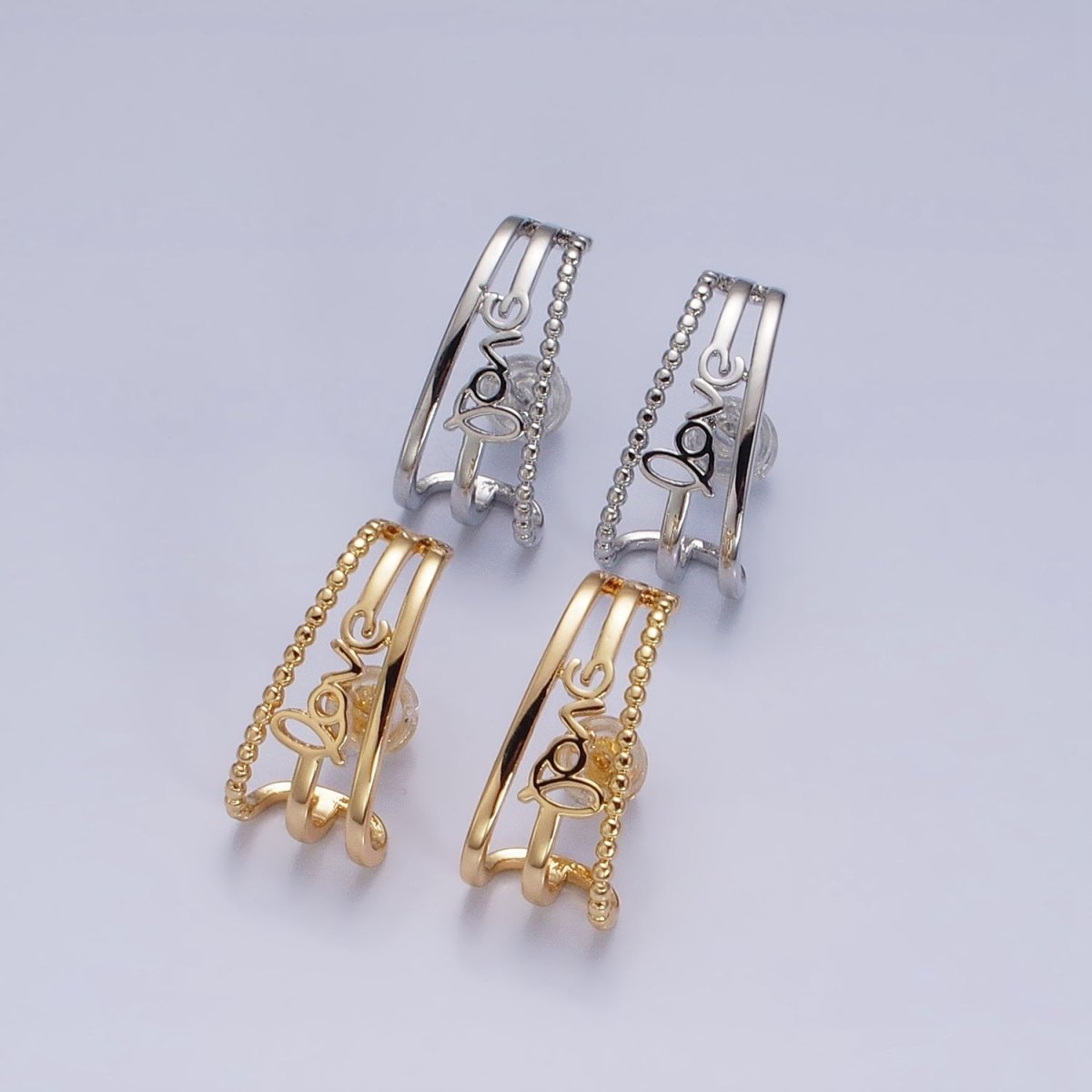 16K Gold Filled Triple Bar "love" Cursive Script Dotted 20mm Stud Earrings Set in Gold & Silver | AD1279 AD1280 - DLUXCA