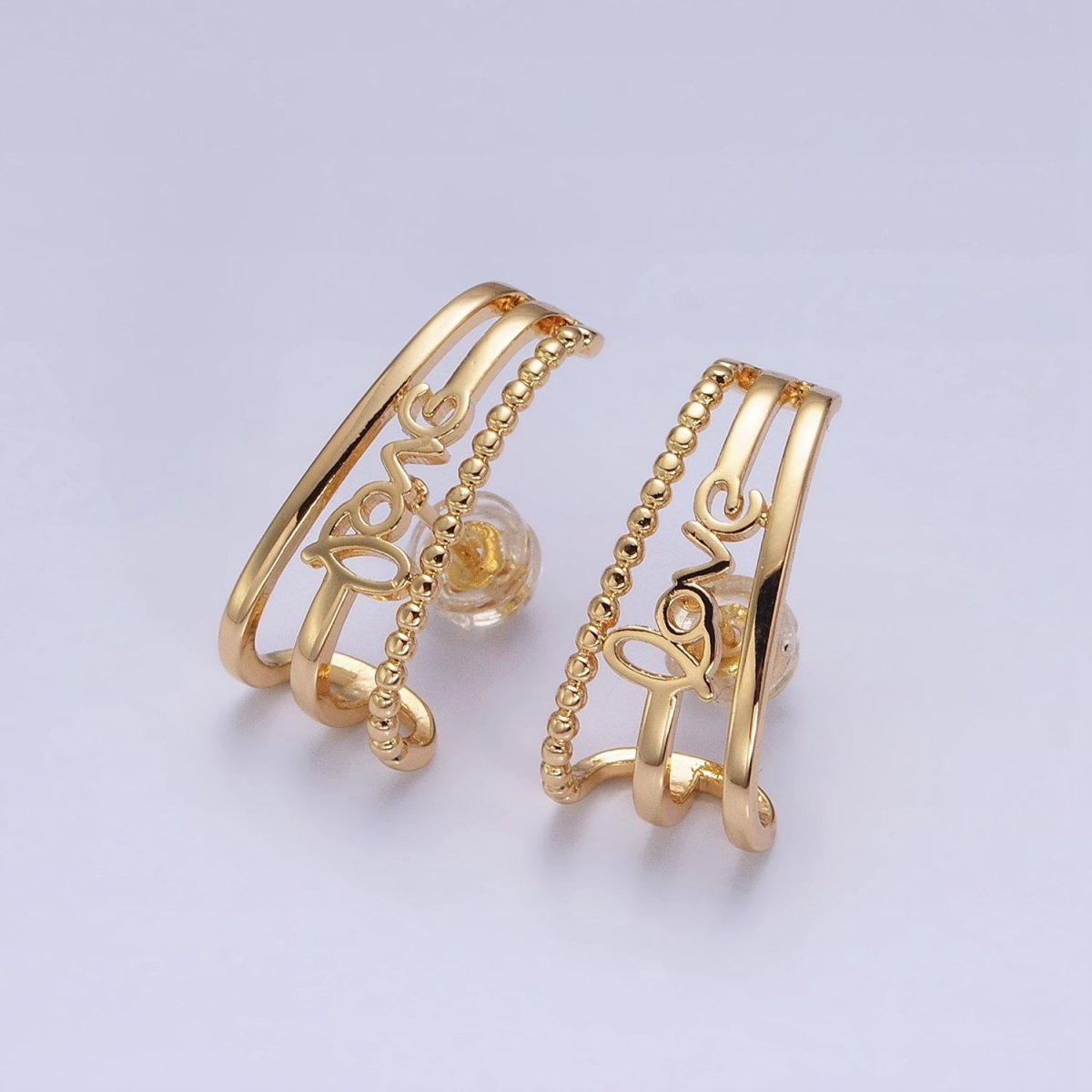 16K Gold Filled Triple Bar "love" Cursive Script Dotted 20mm Stud Earrings Set in Gold & Silver | AD1279 AD1280 - DLUXCA