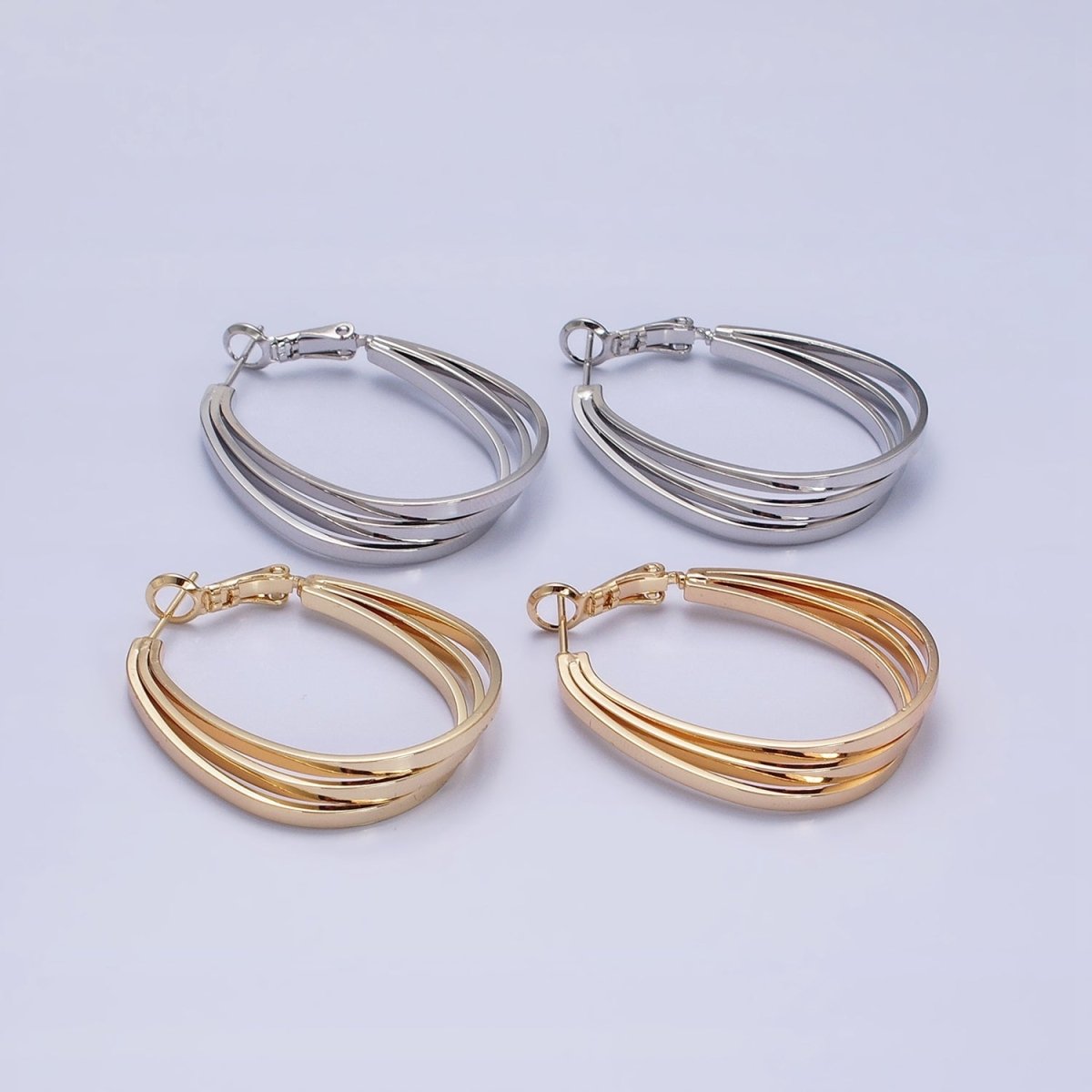 16K Gold Filled Triple Bar Oblong Geometric Hinge Hoop Earrings in Gold & Silver | AD879 AD880 - DLUXCA