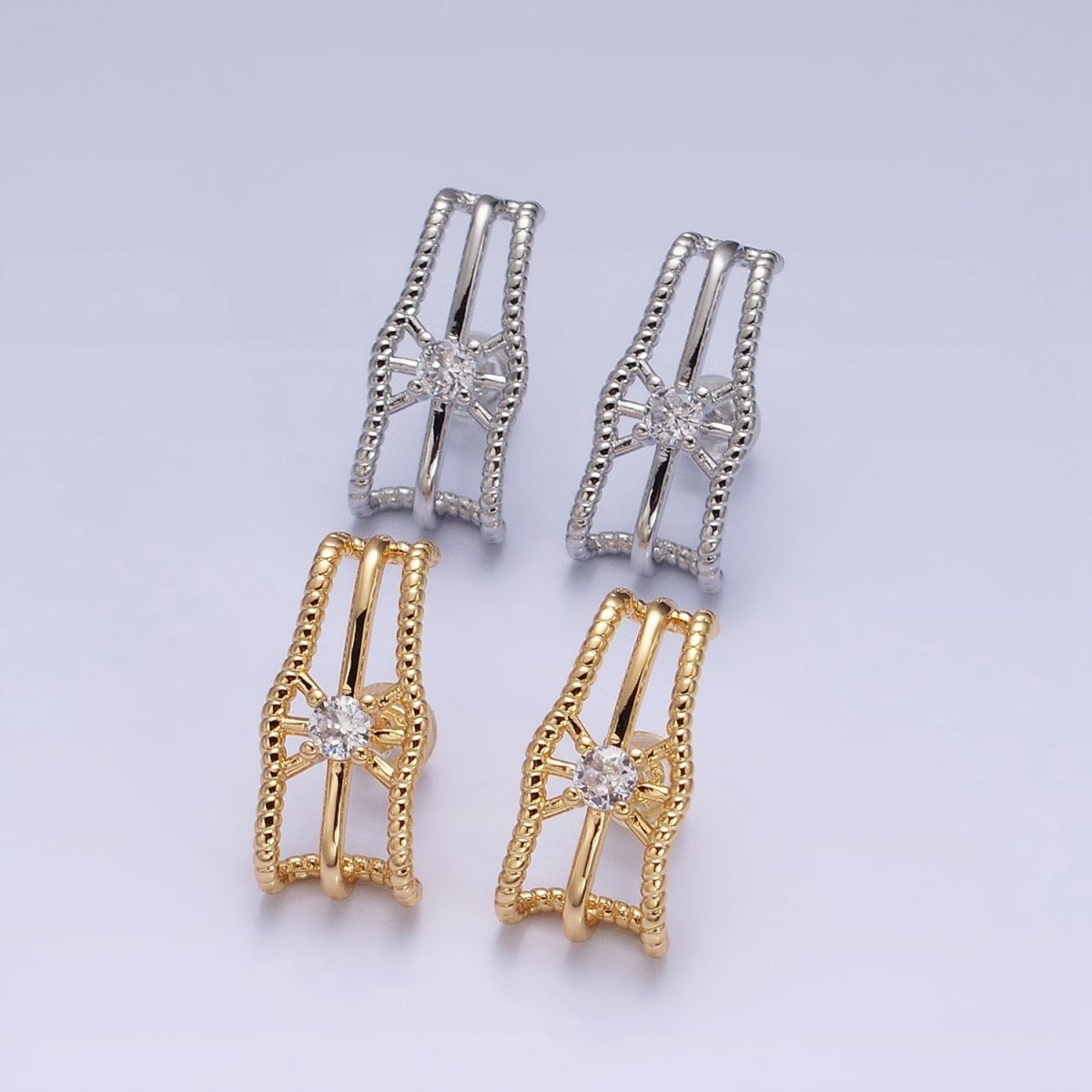 16K Gold Filled Triple Bar Twist Clear CZ 20mm Stud Earrings Set in Gold & Silver | AD1304 AD1305 - DLUXCA