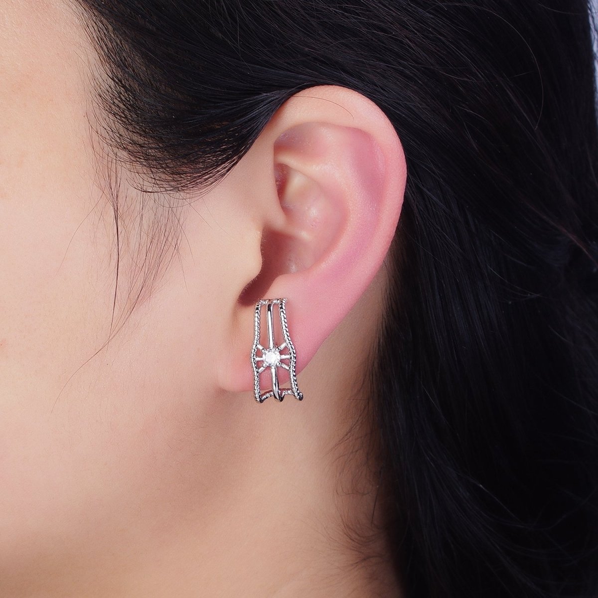 16K Gold Filled Triple Bar Twist Clear CZ 20mm Stud Earrings Set in Gold & Silver | AD1304 AD1305 - DLUXCA