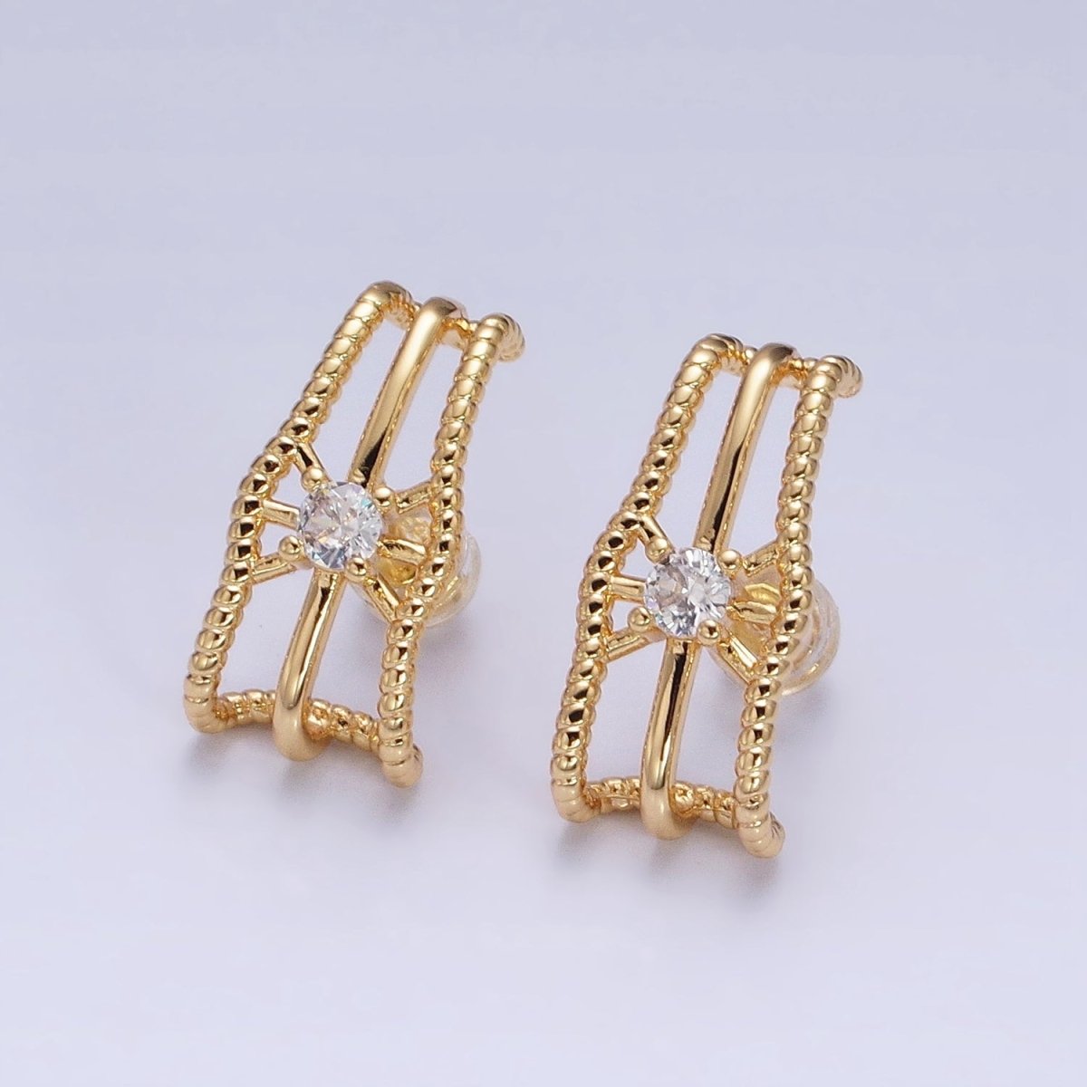 16K Gold Filled Triple Bar Twist Clear CZ 20mm Stud Earrings Set in Gold & Silver | AD1304 AD1305 - DLUXCA