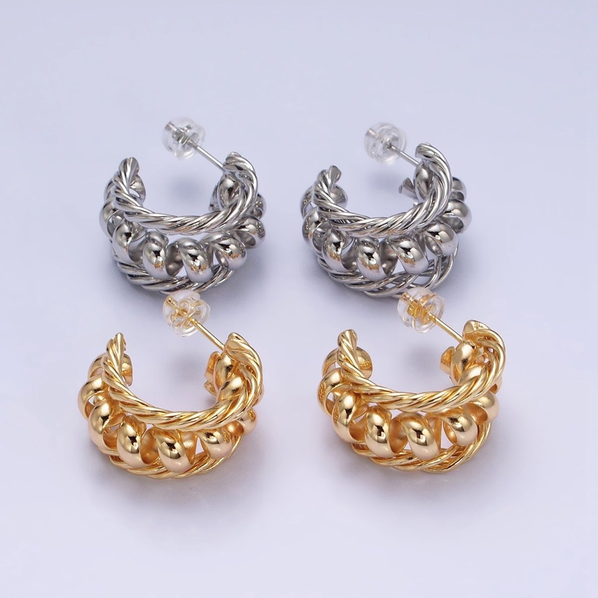 16K Gold Filled Triple Croissant Twist Spiral C-Shaped Stud Earrings in Gold & Silver | AD881 AD882 - DLUXCA