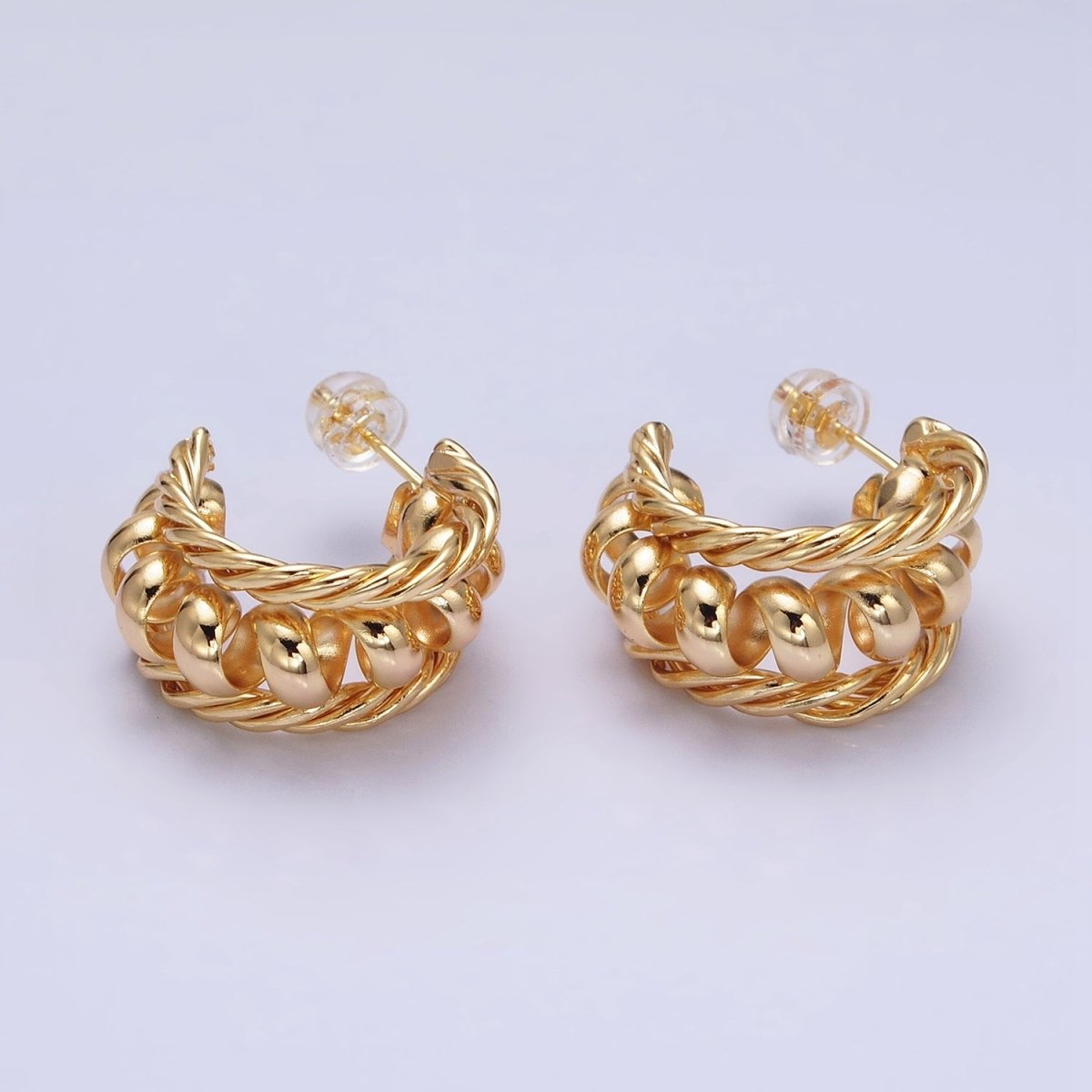 16K Gold Filled Triple Croissant Twist Spiral C-Shaped Stud Earrings in Gold & Silver | AD881 AD882 - DLUXCA