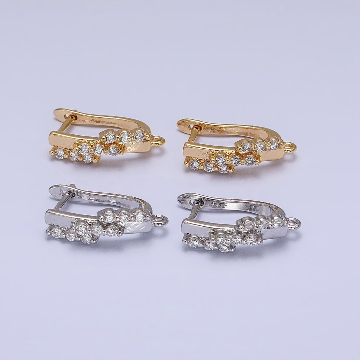 16K Gold Filled Triple CZ Lined Micro Paved Bar Open Loop English Lock Earrings Supply in Gold & Silver | Z-231 Z-232 - DLUXCA