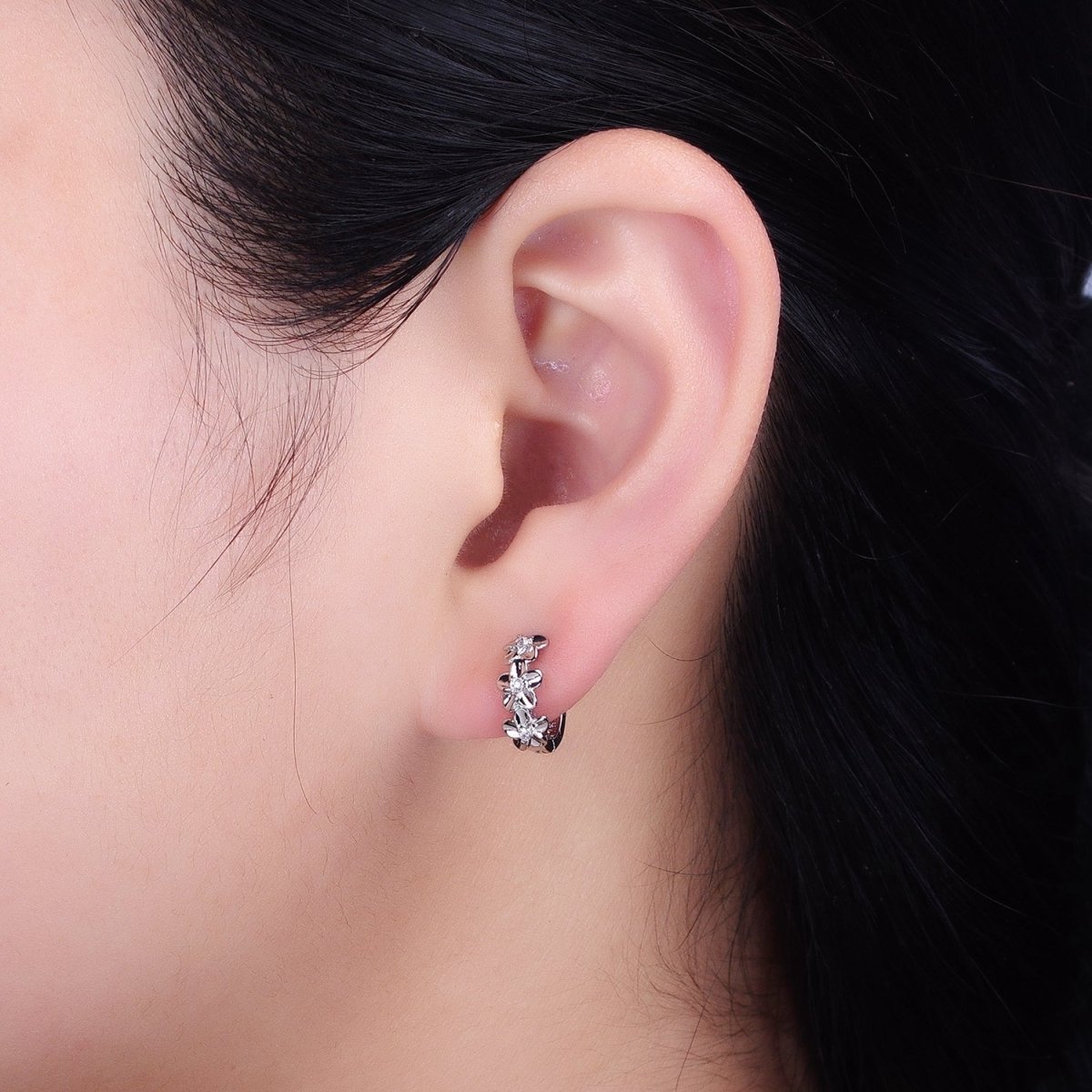 16K Gold Filled Triple Flower CZ Lined 12mm Huggie Earrings in Gold & Silver | AB1463 AB1464 - DLUXCA