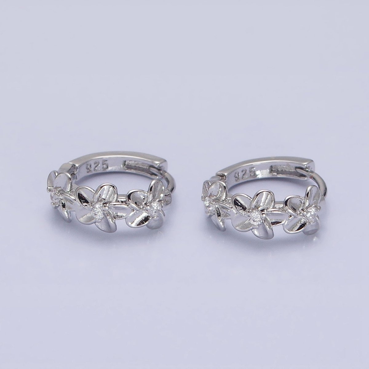 16K Gold Filled Triple Flower CZ Lined 12mm Huggie Earrings in Gold & Silver | AB1463 AB1464 - DLUXCA