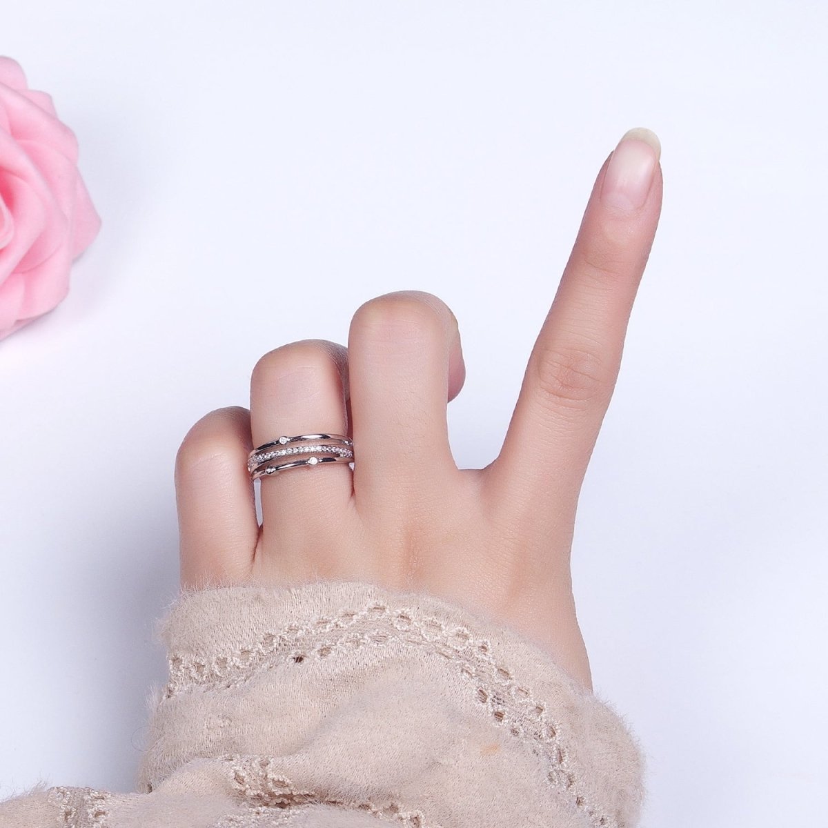 16K Gold Filled Triple Micro Paved CZ Clear Dotted Dainty Ring in Gold & Silver | O-1896 O-1897 - DLUXCA