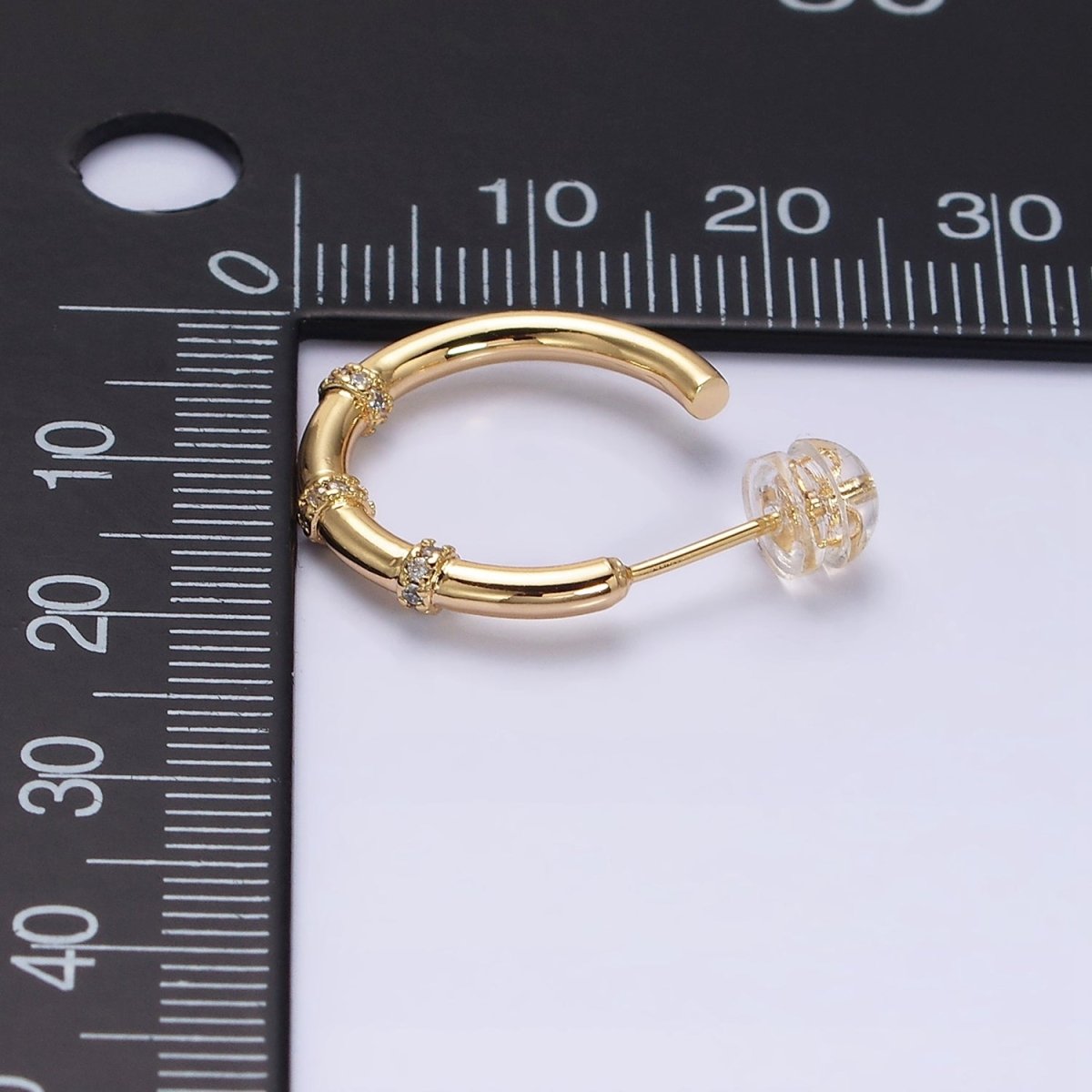 16K Gold Filled Triple Micro Paved CZ Lined C-Shaped Hoop Earrings in Gold & Silver | AD1261 AD1262 - DLUXCA