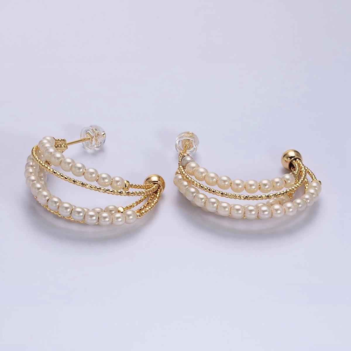 16K Gold Filled Triple Pearl Lined Multiple Textured Bar C-Shaped Hoop Earrings | AD946 - DLUXCA