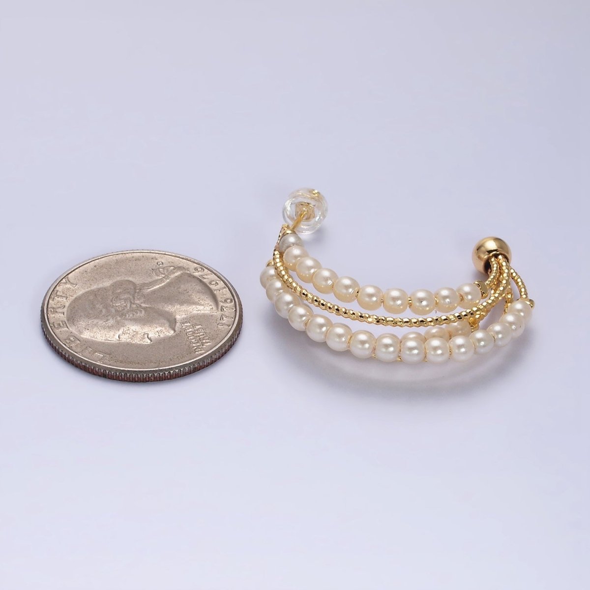 16K Gold Filled Triple Pearl Lined Multiple Textured Bar C-Shaped Hoop Earrings | AD946 - DLUXCA