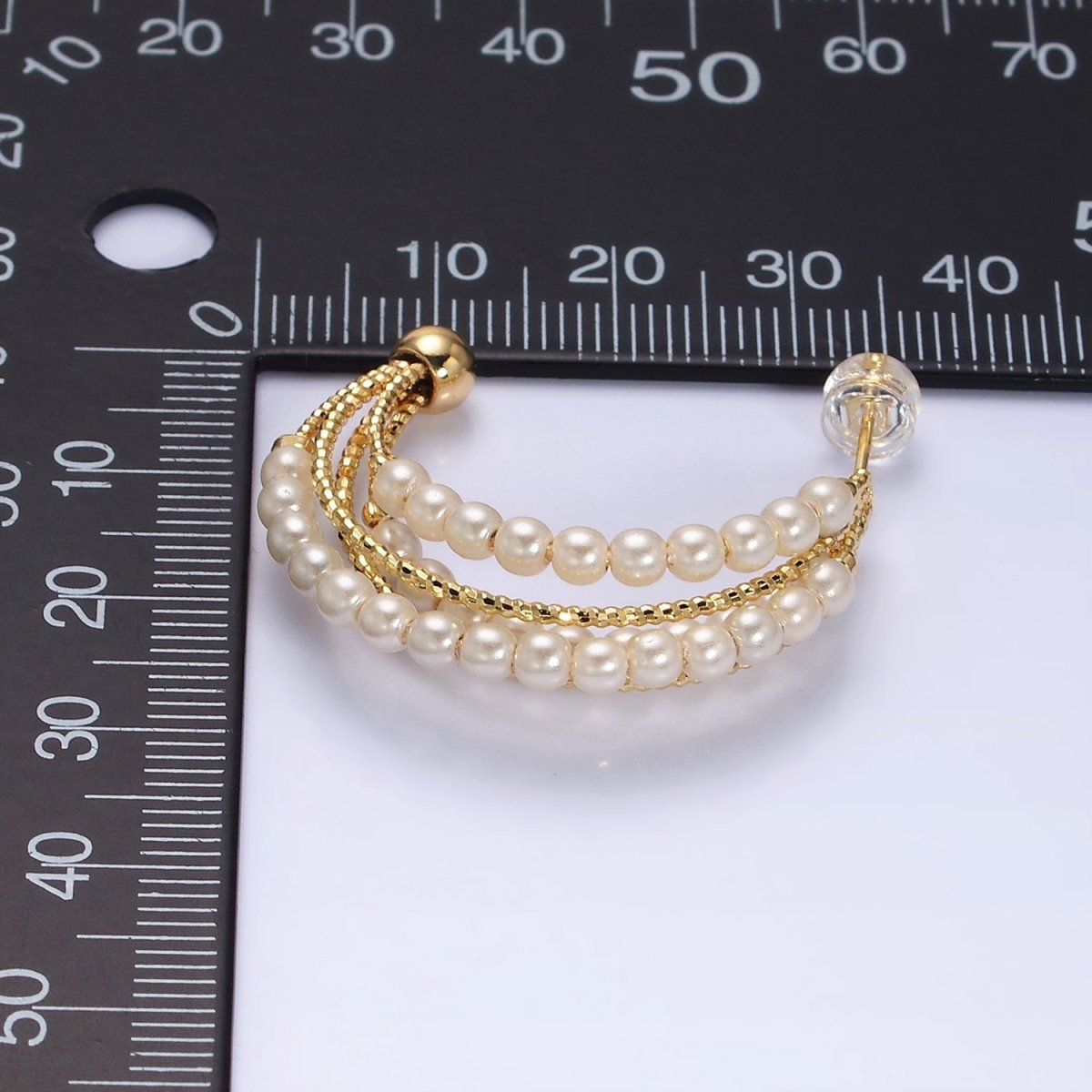 16K Gold Filled Triple Pearl Lined Multiple Textured Bar C-Shaped Hoop Earrings | AD946 - DLUXCA