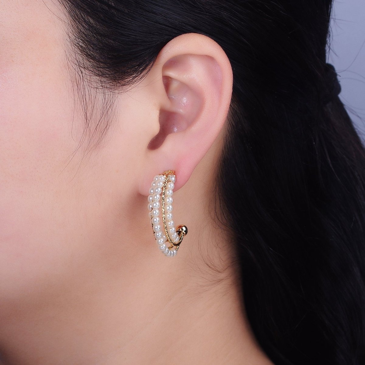 16K Gold Filled Triple Pearl Lined Multiple Textured Bar C-Shaped Hoop Earrings | AD946 - DLUXCA