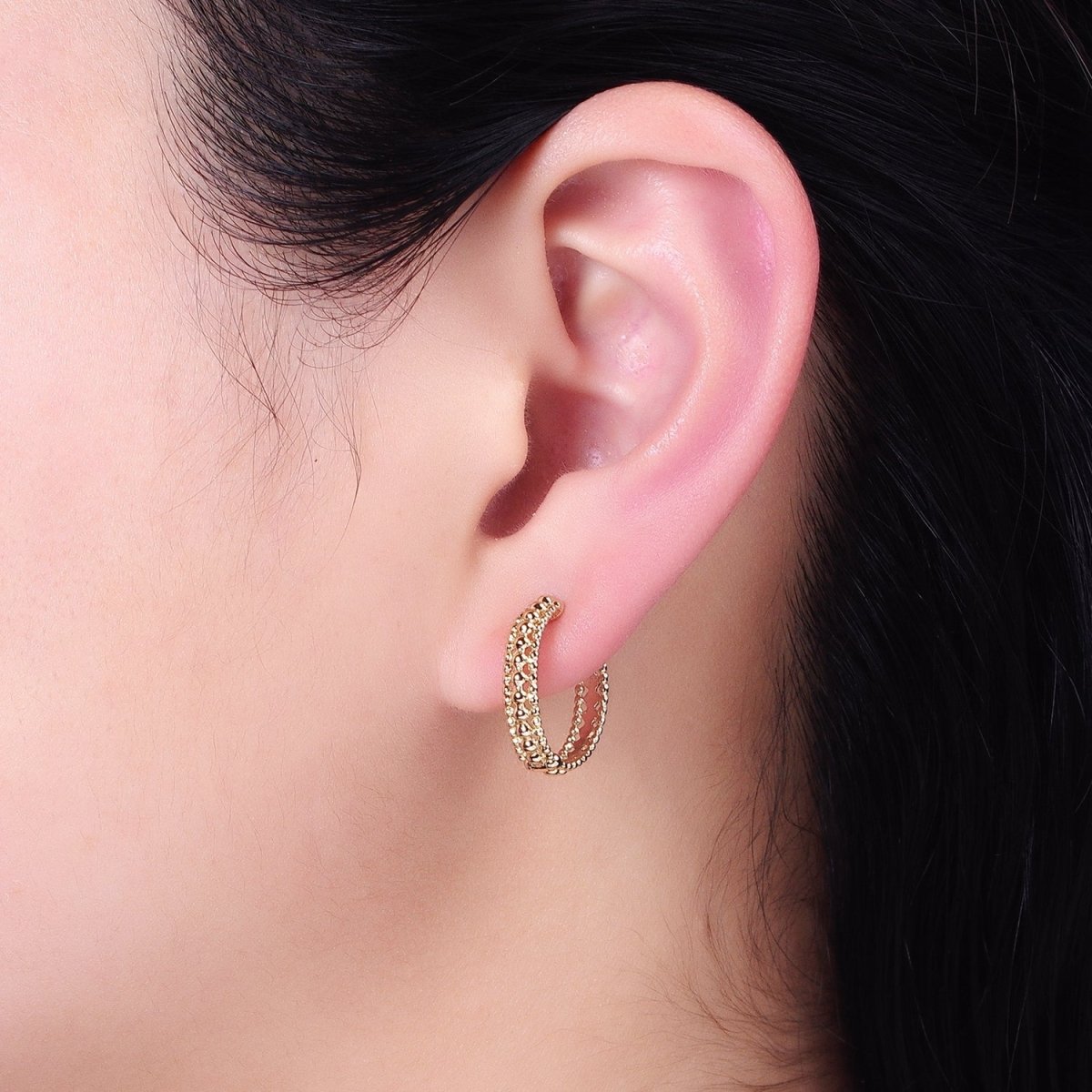 16K Gold Filled Triple Round Beaded Bubble Band 17mm Hoop Earrings | AD1355 - DLUXCA